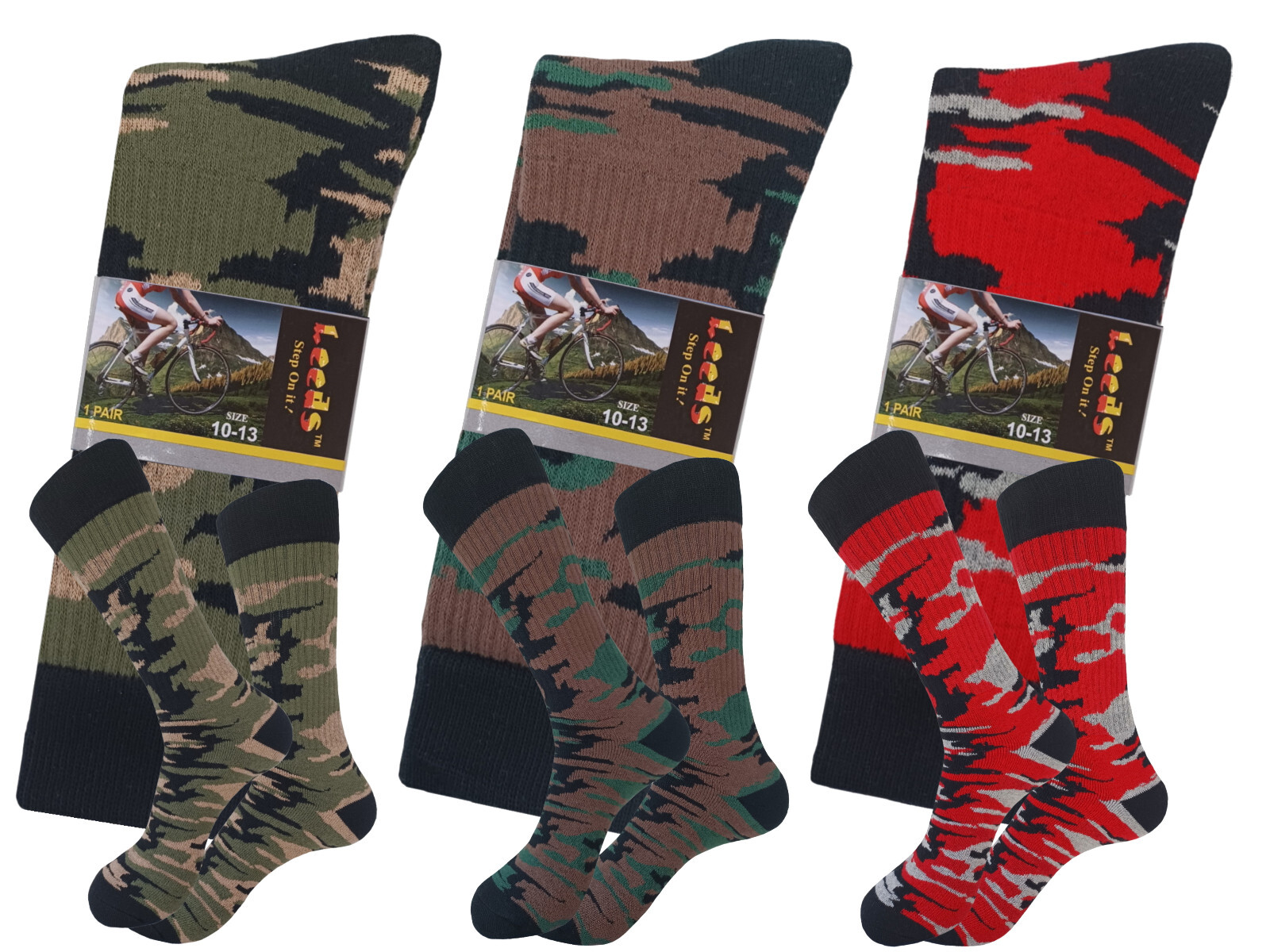3 PAIR COTTON CAMO CREW ARMY HIKING SOCKS SIZE 10-13 TRUE TO SIZE FULL CUSHION