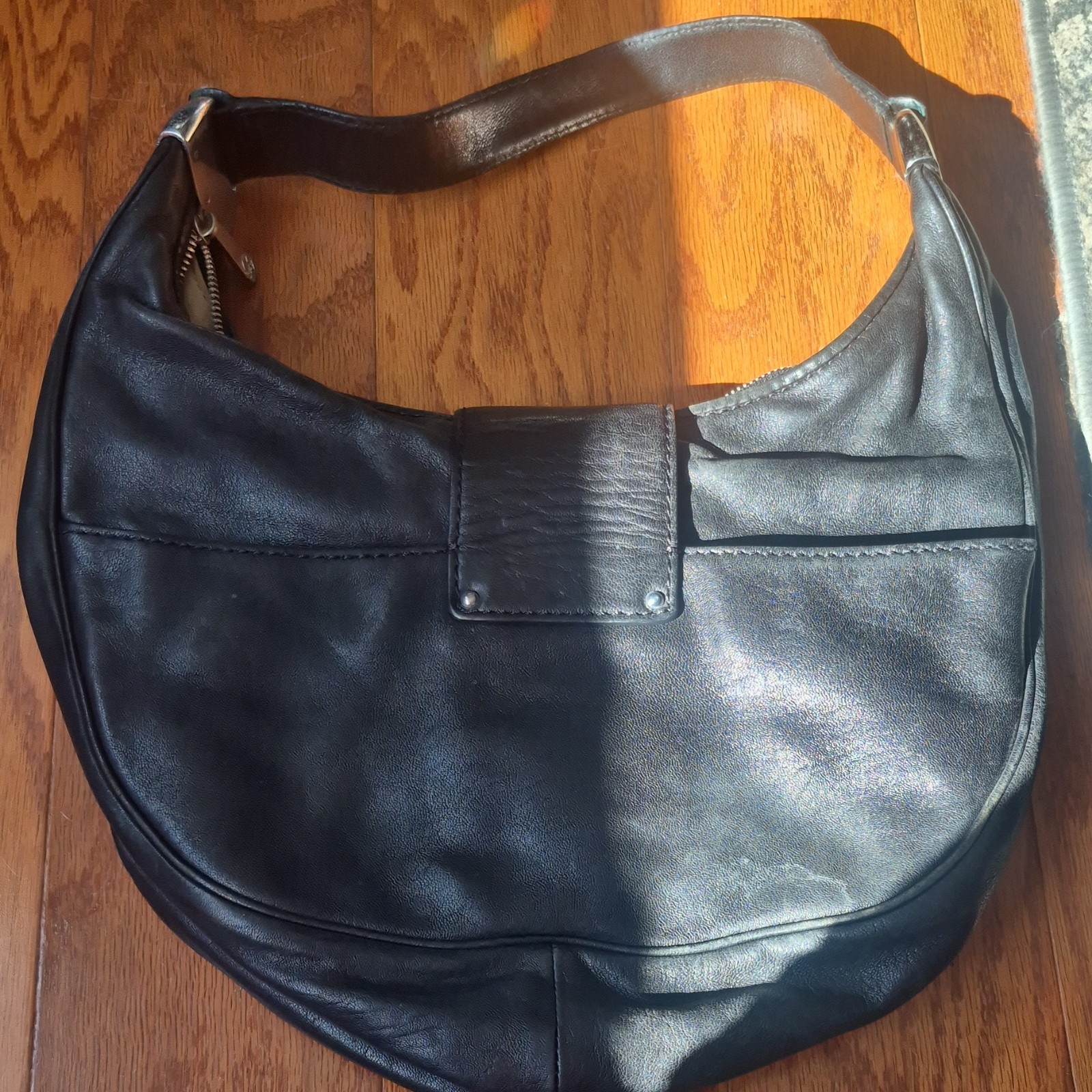 Michael Kors Black Crescent Shoulder Bag Silver Hardware Buckle Zipper Accent