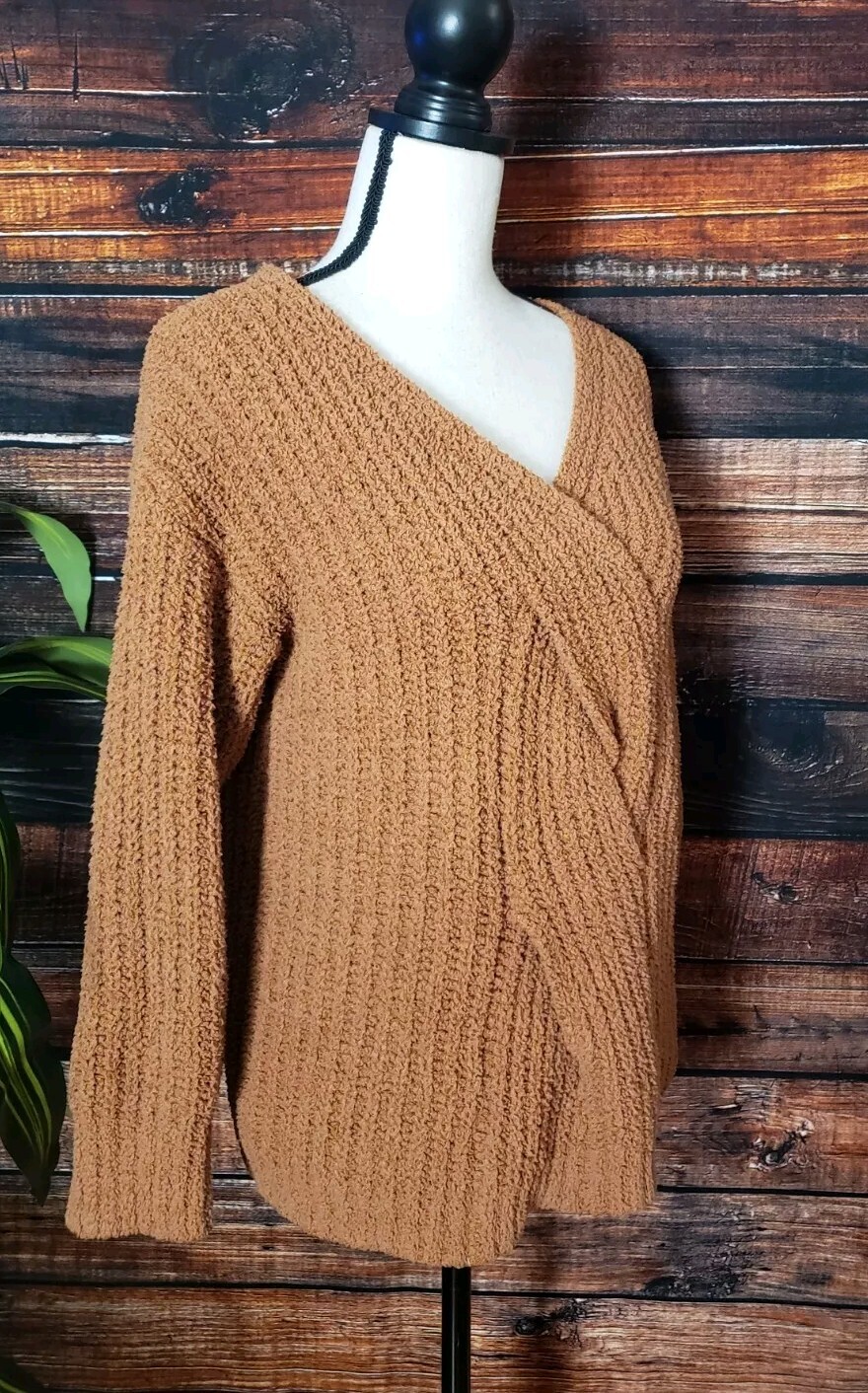 BiBi Sweater Small Sherpa Knit Soft Braided Front V-Neck Plush Warm Caramel Bev