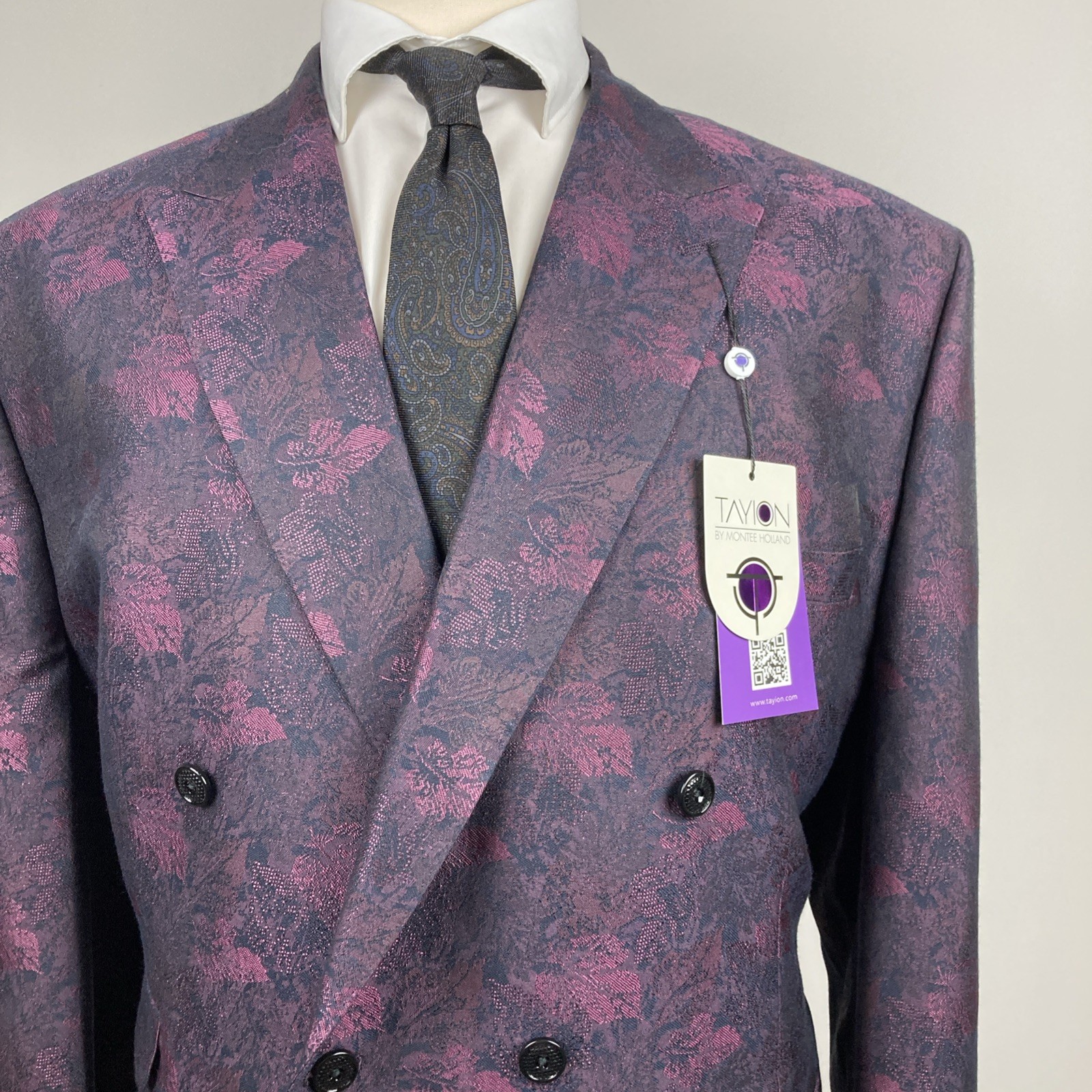 Tayion Mens Classic fit Double Breasted Dinner Jacket 52R Wine Black Floral
