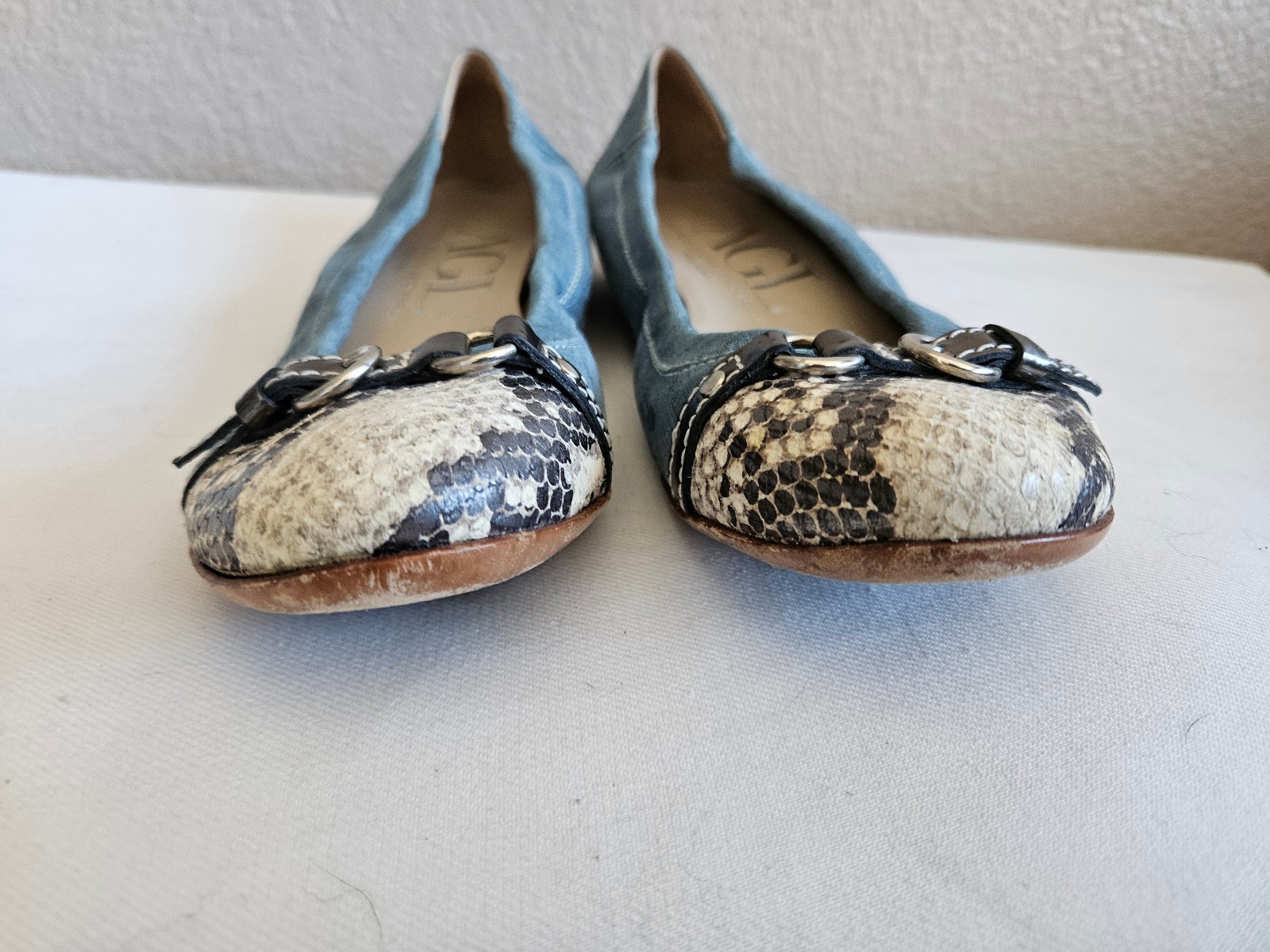 AGL flat denim snakeprint leather shoes. sz37. Italy! gently worn