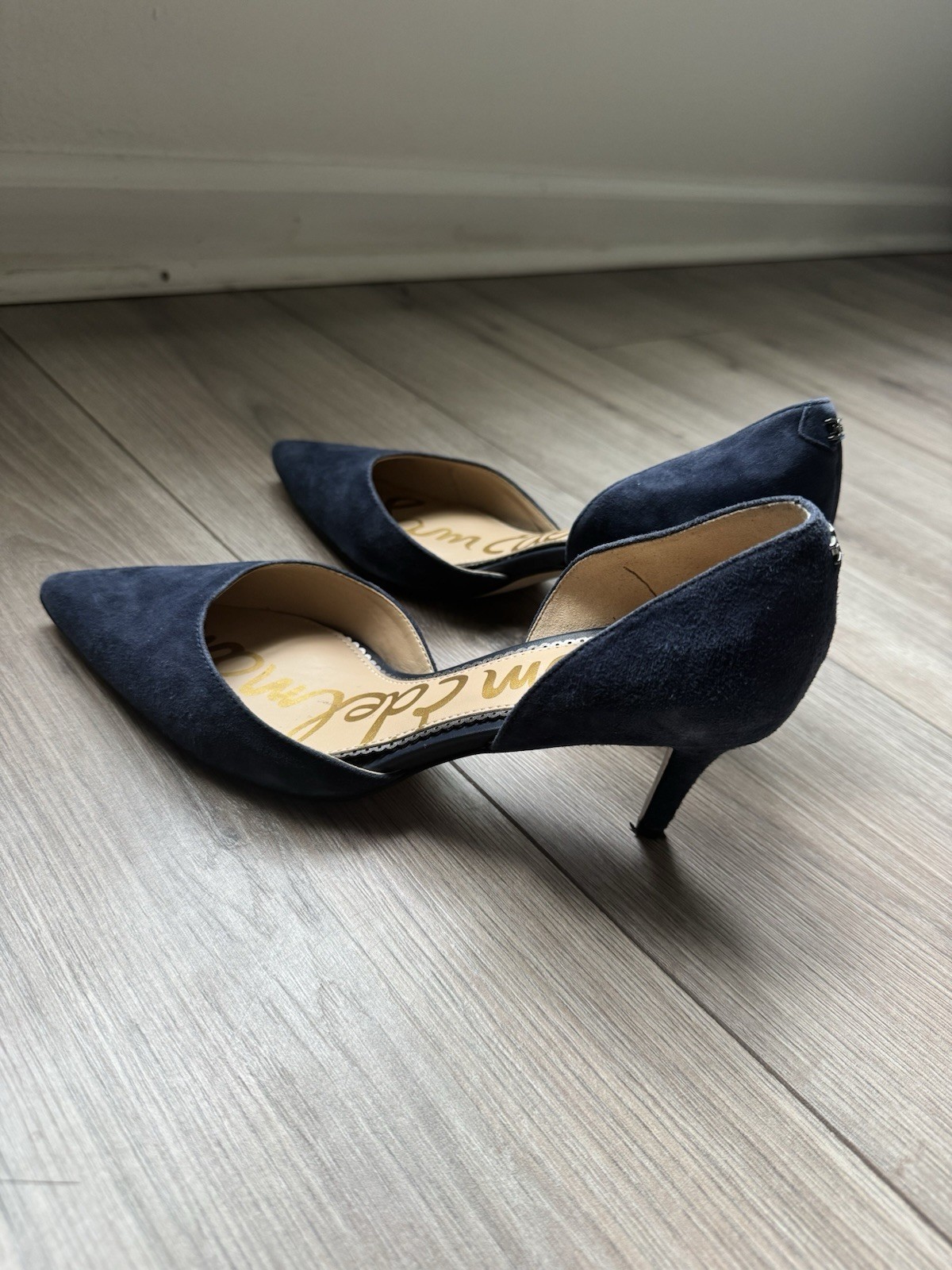 Sam Edelman Navy Blue Suede Pointed Toe D’Orsay Pump Heels Slip On Cut-Out 6.5