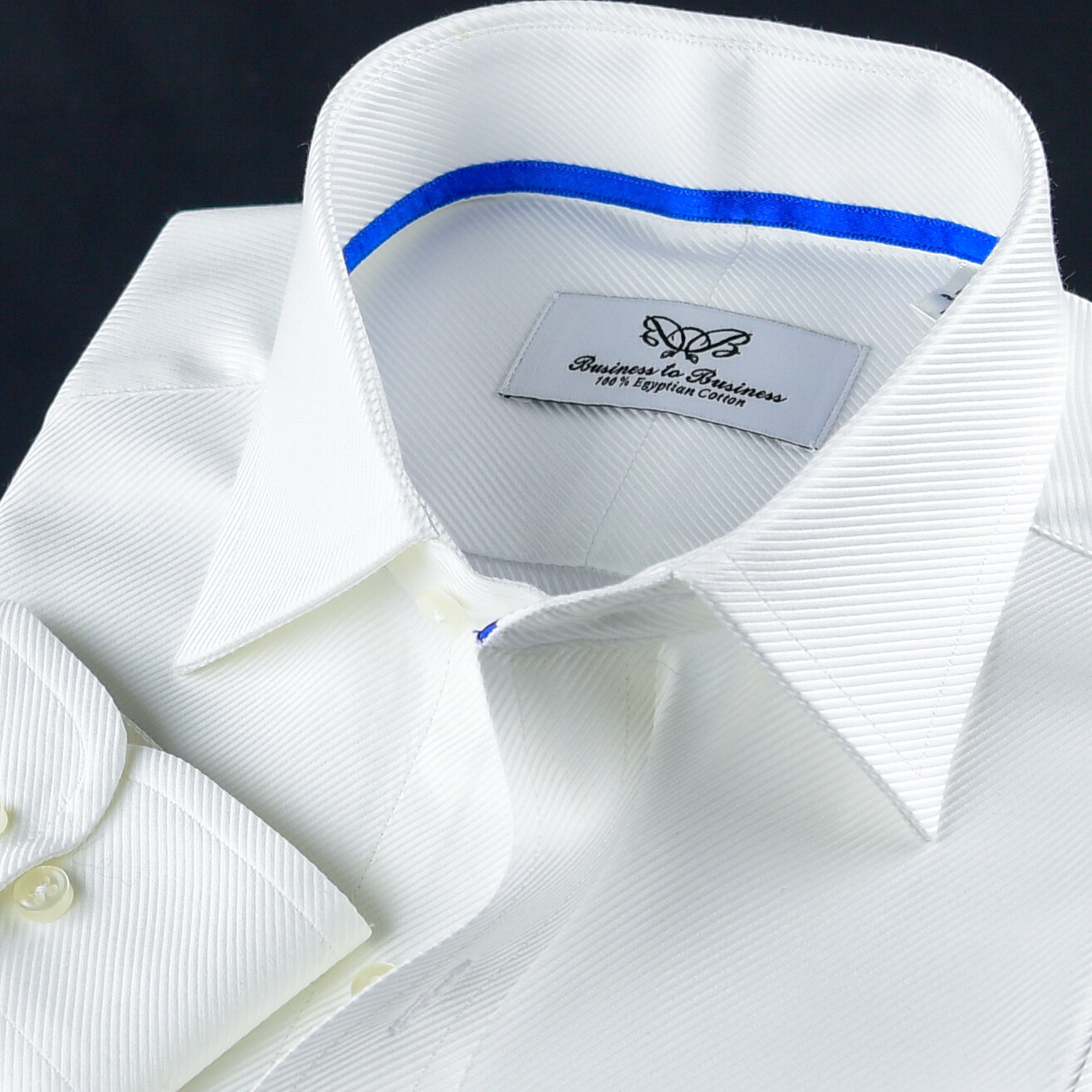 White Twill Formal Business Dress Shirt With Blue Trim Inner Lining Single Cuff