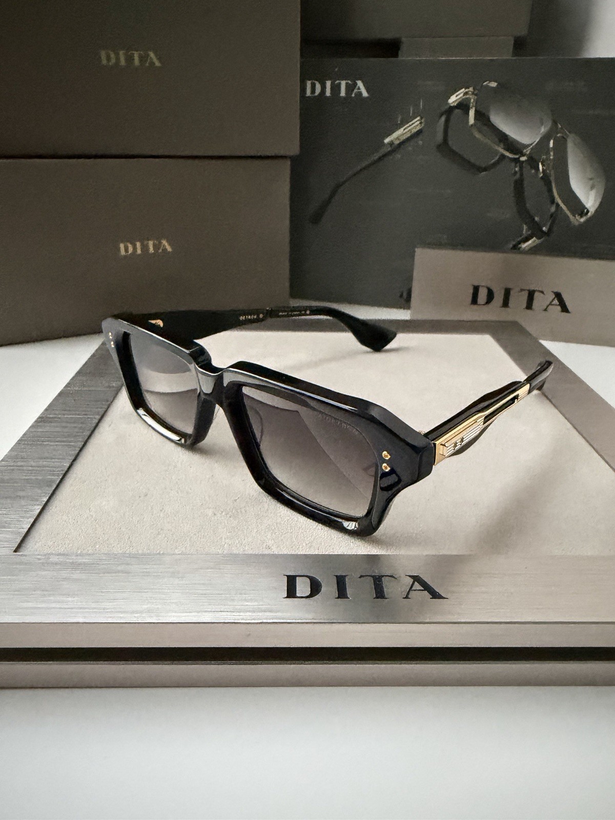 DITA DETRON DTS 459-A-01 Shiny Black Yellow Gold Grey Gradient Lens Sunglasses