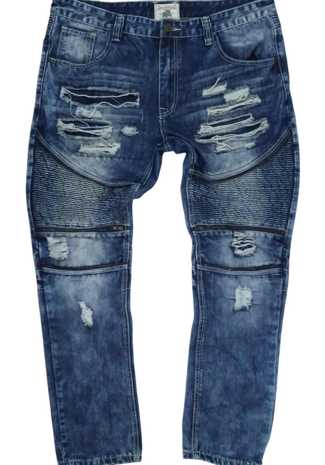 SMOKE RISE moto zipper jeans acid wash mens 40 x 32 stretch motorcycle destroyed