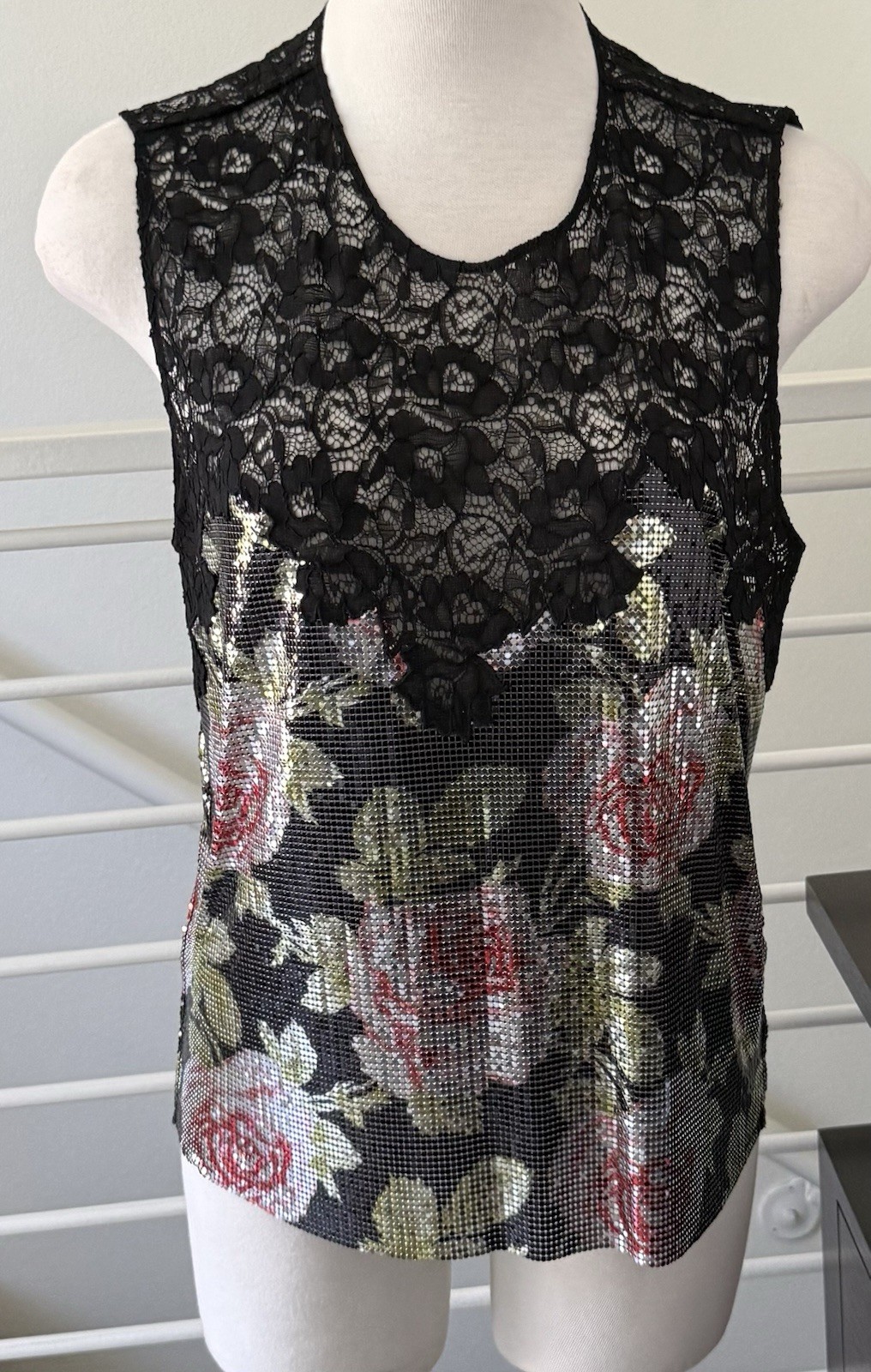 Paco Rabanne Floral-print Chainmail & Corded Black Lace Top Blouse Sz 38 FR/6 US
