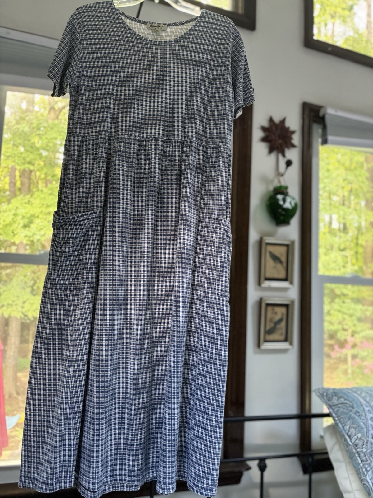 Vintage Eddie Bauer Blue Gingham Plaid Cotton Maxi Dress Pockets M Petite