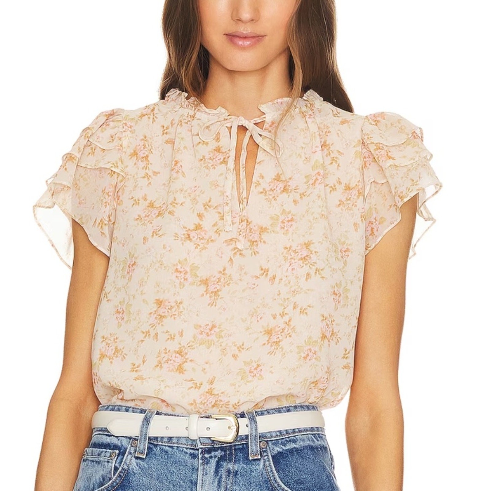1 STATE Pink Flutter Sleeve Tie Neck Blouse Chiffon Ruffle Top Women’s Small