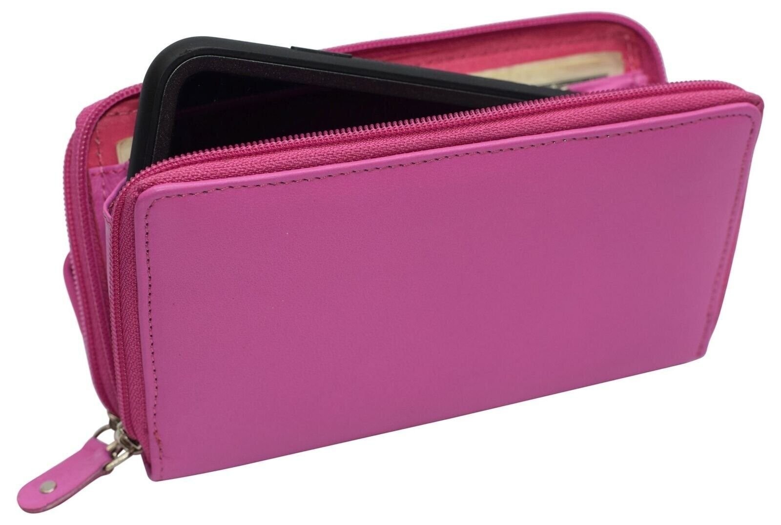 RFID Blocking Double Zipper Smartphone Genuine Leather Large Women’s Wallet Hot