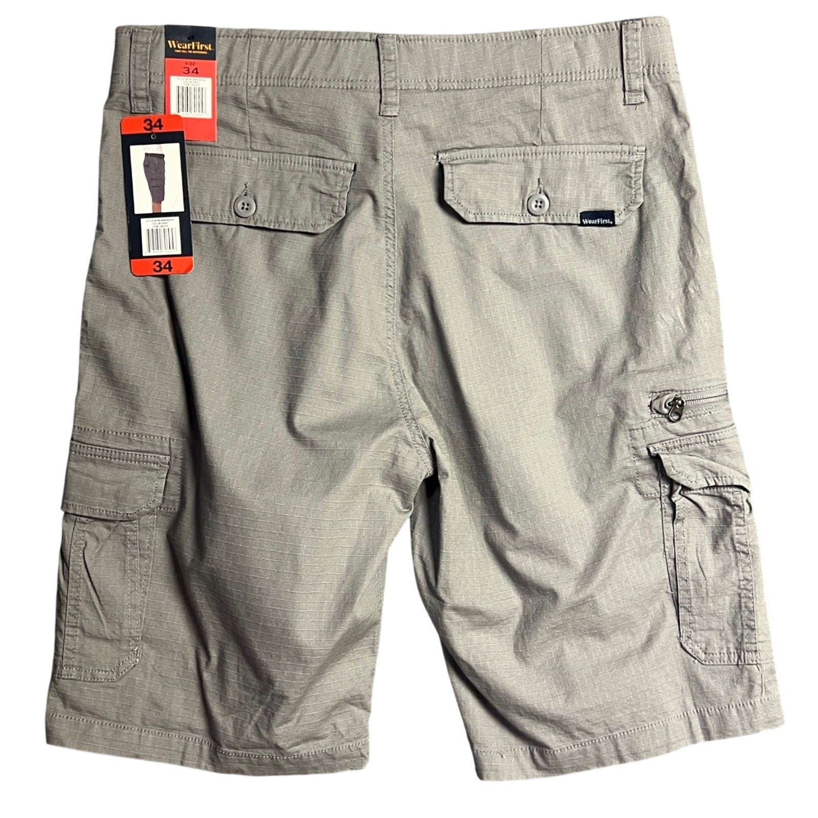 WearFirst Gray Ripstop Cargo Shorts Mens 34 Free Band Comfort Fit Utility Hiking