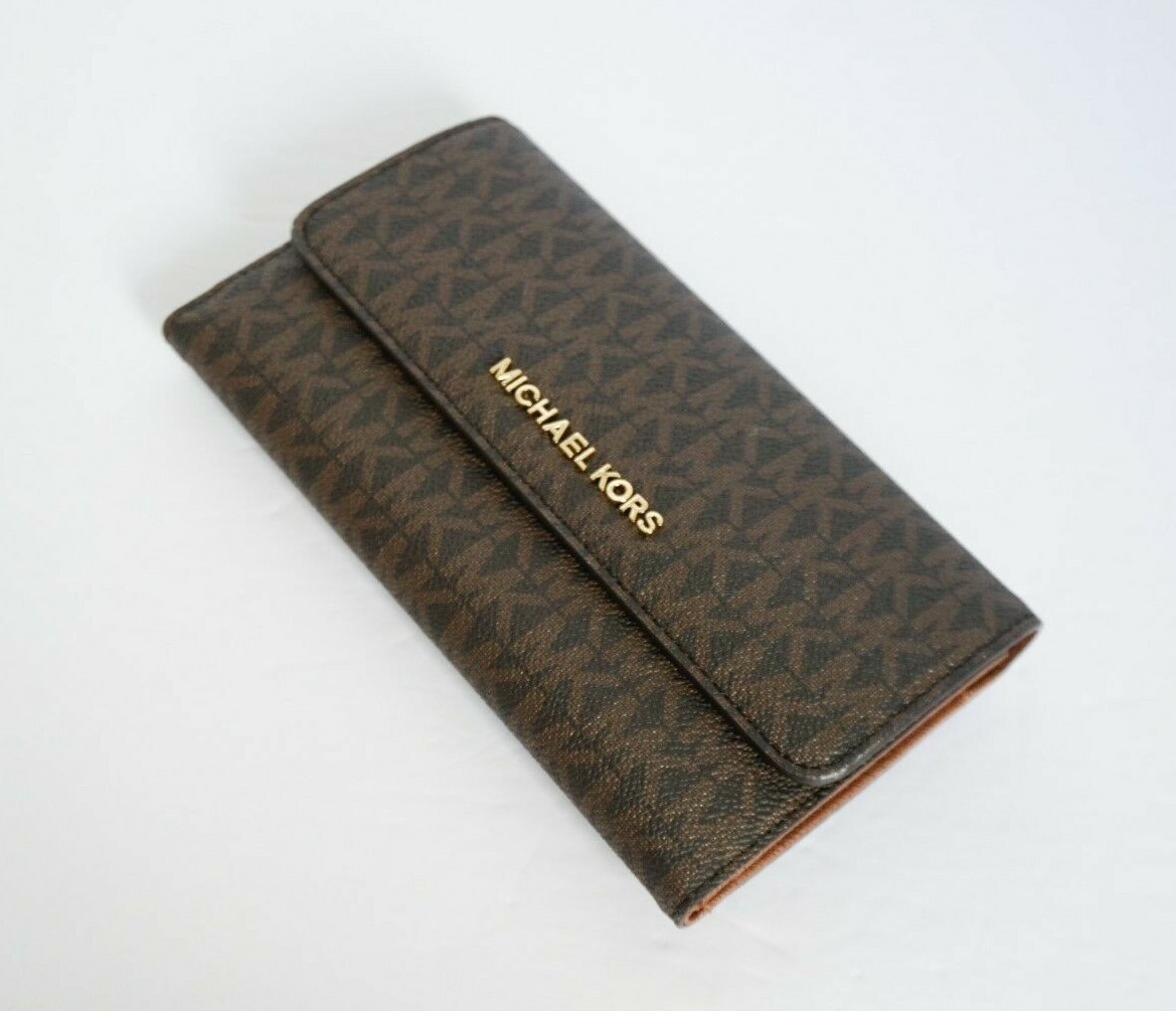 MICHAEL KORS JET SET TRAVEL LARGE TRIFOLD PVC LEATHER WALLET MK BROWN