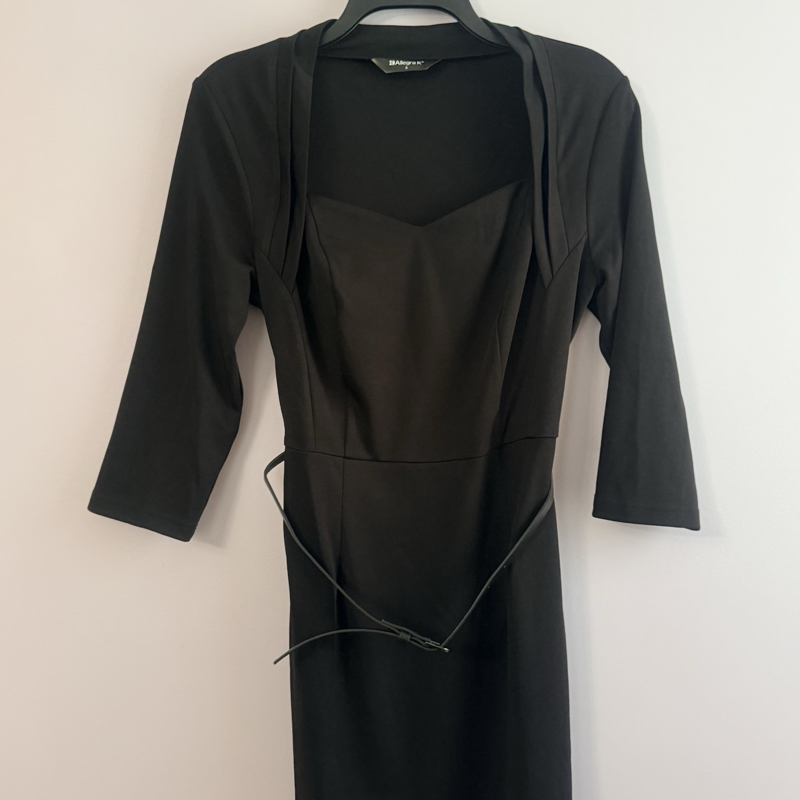 Allegra K Women Black Solid Sheath Knee Dress Sweetheart 3/4 Sleeve Belted S