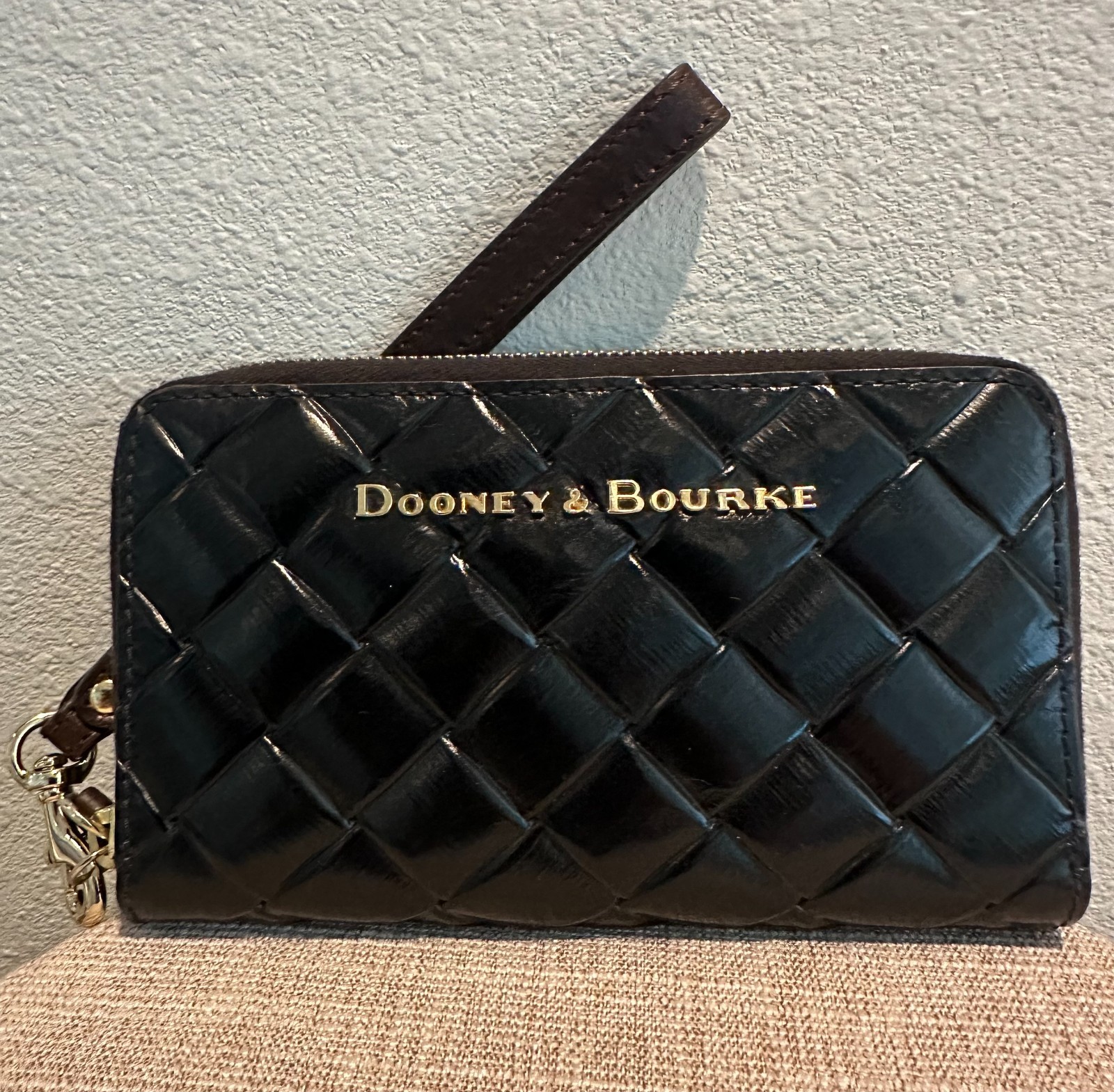 Dooney & Bourke Claremont Black Woven Leather Large Zip Around Wallet Wristlet