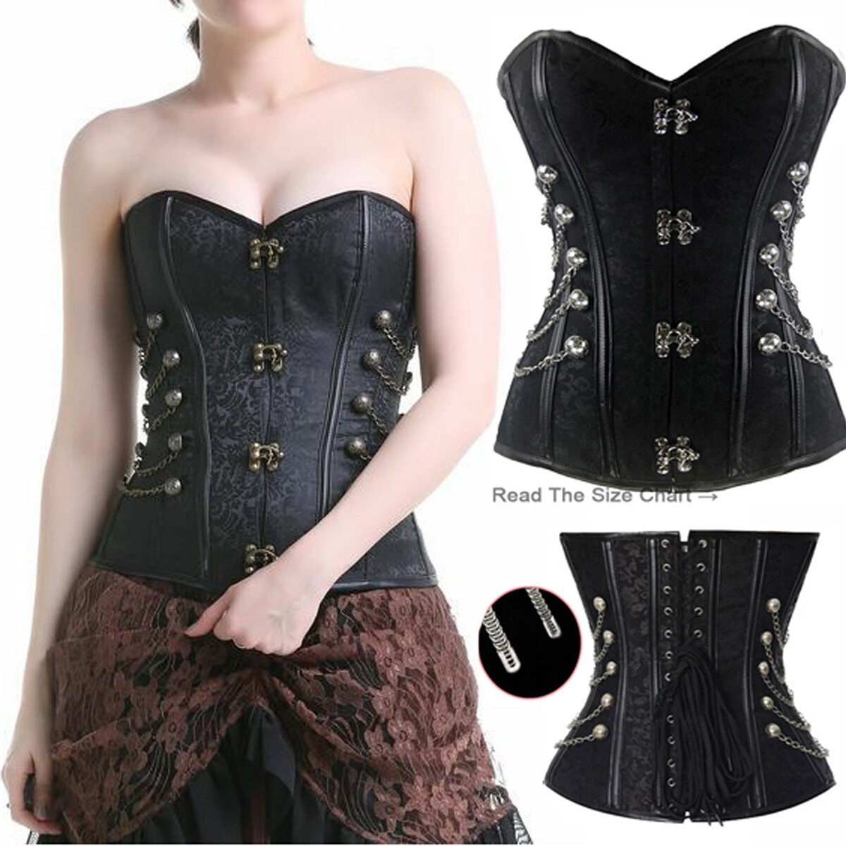 Women Black Steampunk Corset Bustier Gothic Shapewear Plus-Size Lingerie Lace up