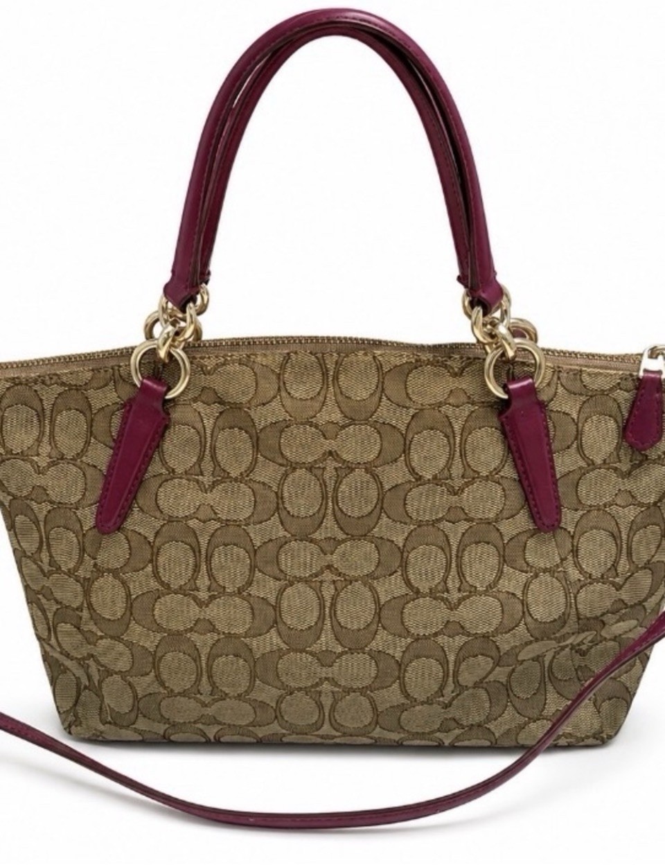Coach Kelsey Signature Monogram C Canvas Khaki & Fuchsia Leather Trim Bag