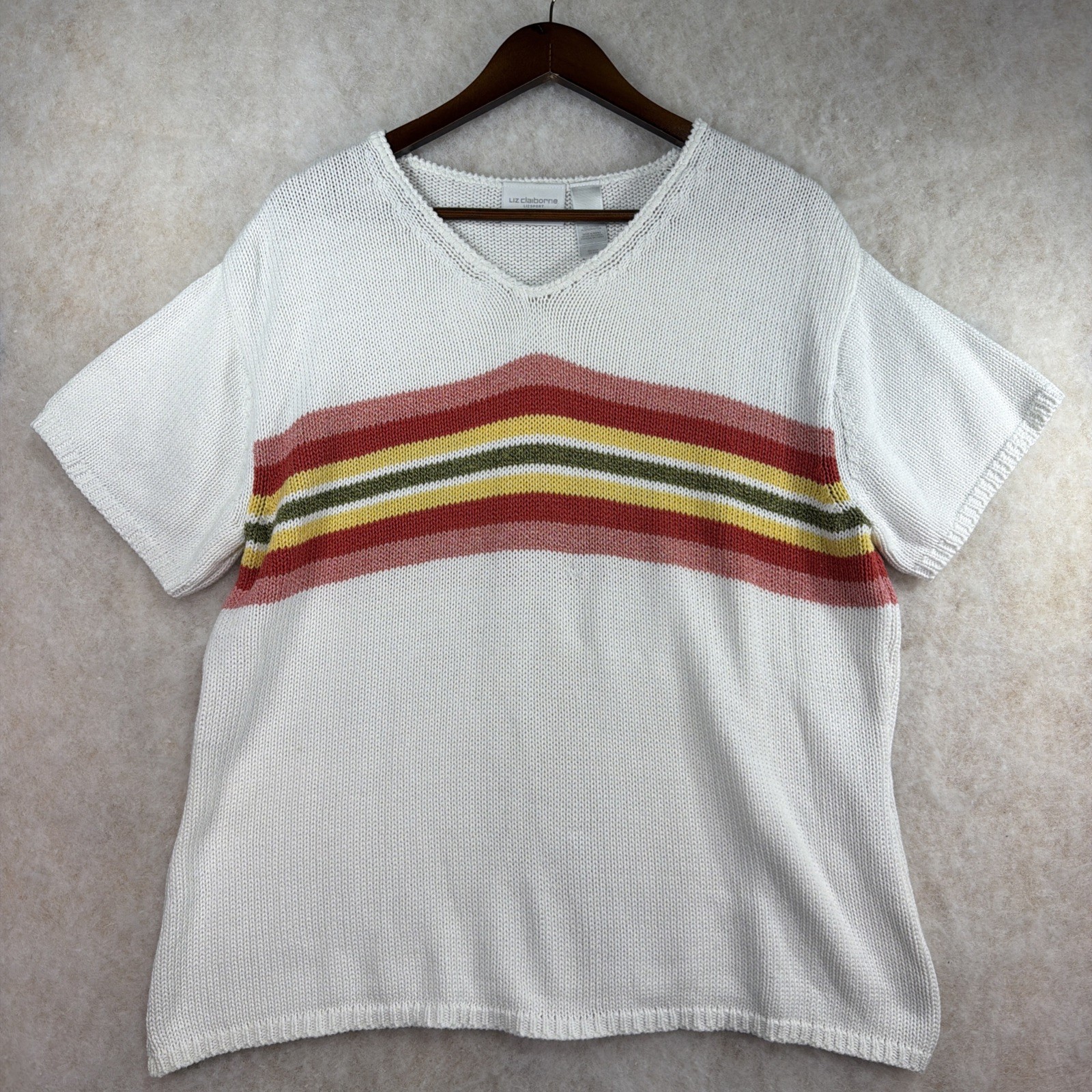 Liz Clairborne Short Sleeve Sweater White With Multi Color Stripes Size XL