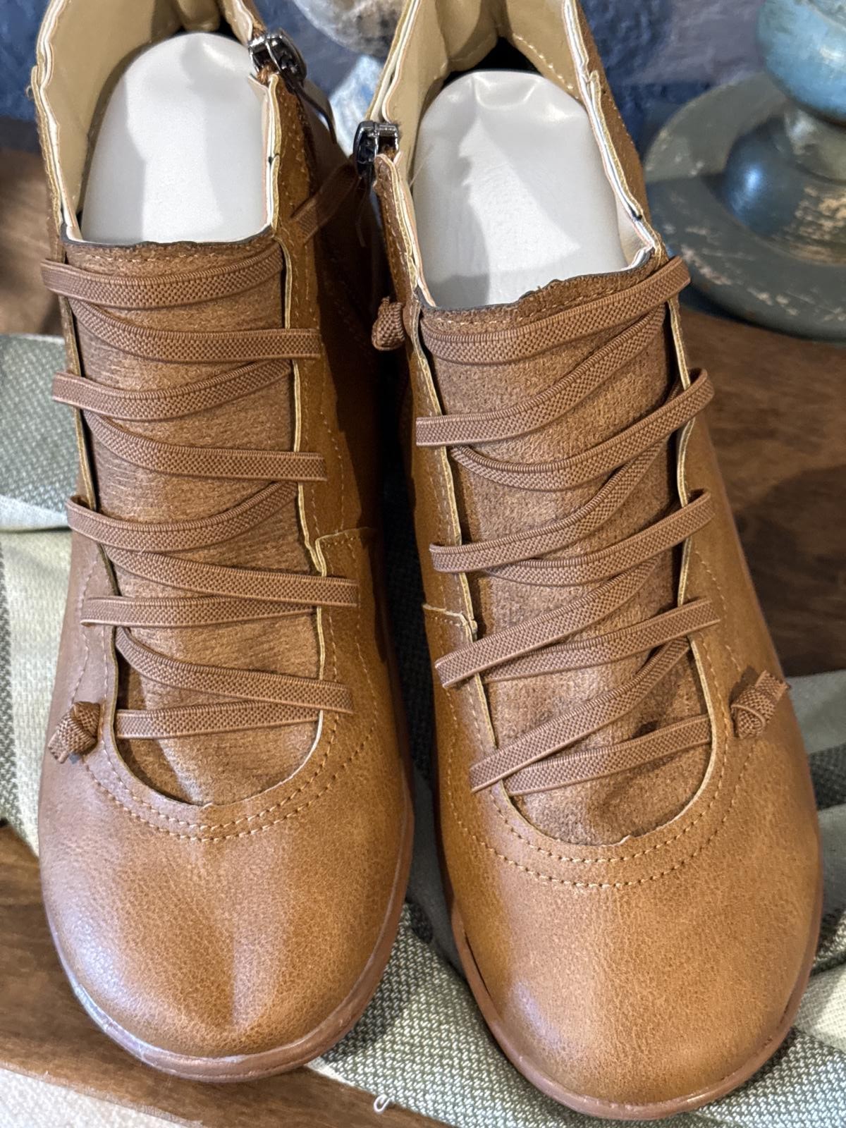 Brown Ankle Boots with Side Zipper and Lace-Up Detail