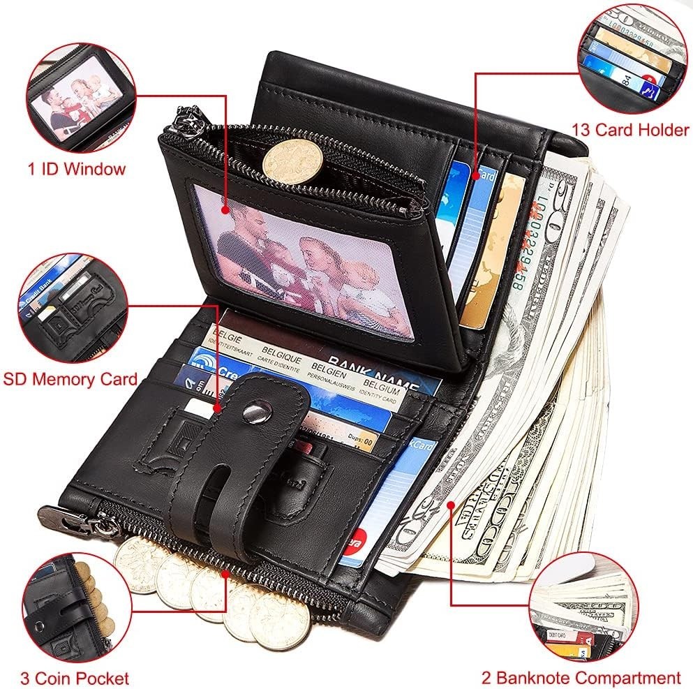 Bill Heart Mens Wallet with Chain Genuine Leather Purse RFID Blocking Bifold Dou