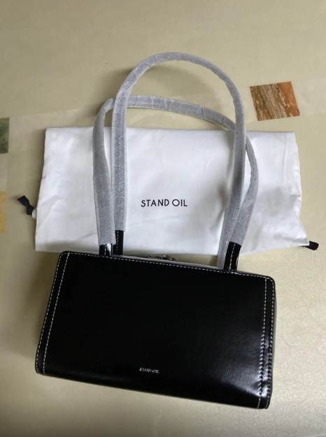 STAND OIL Post Bag Stitch Black Vegan Leather Shoulder Bag K-Fashion