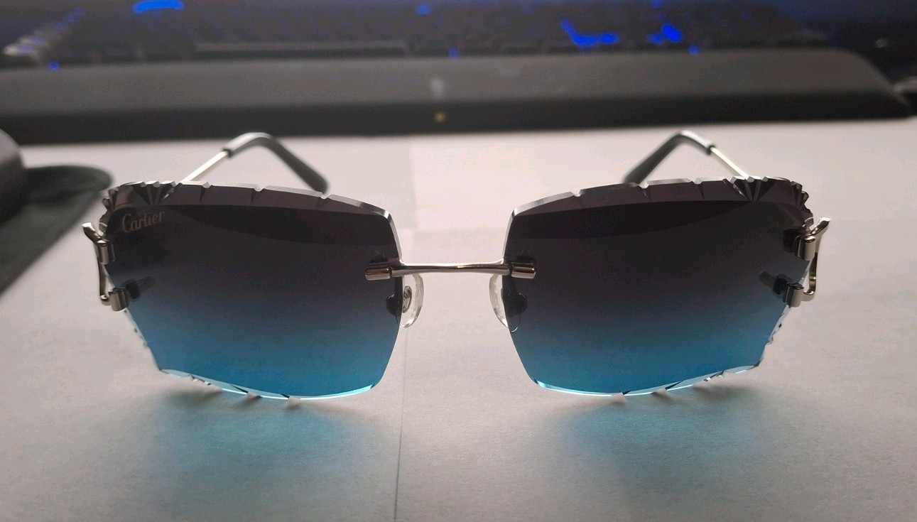 Cartier Rimless Big C Sunglasses Gradient Black & Blue Lenses Silver Frame
