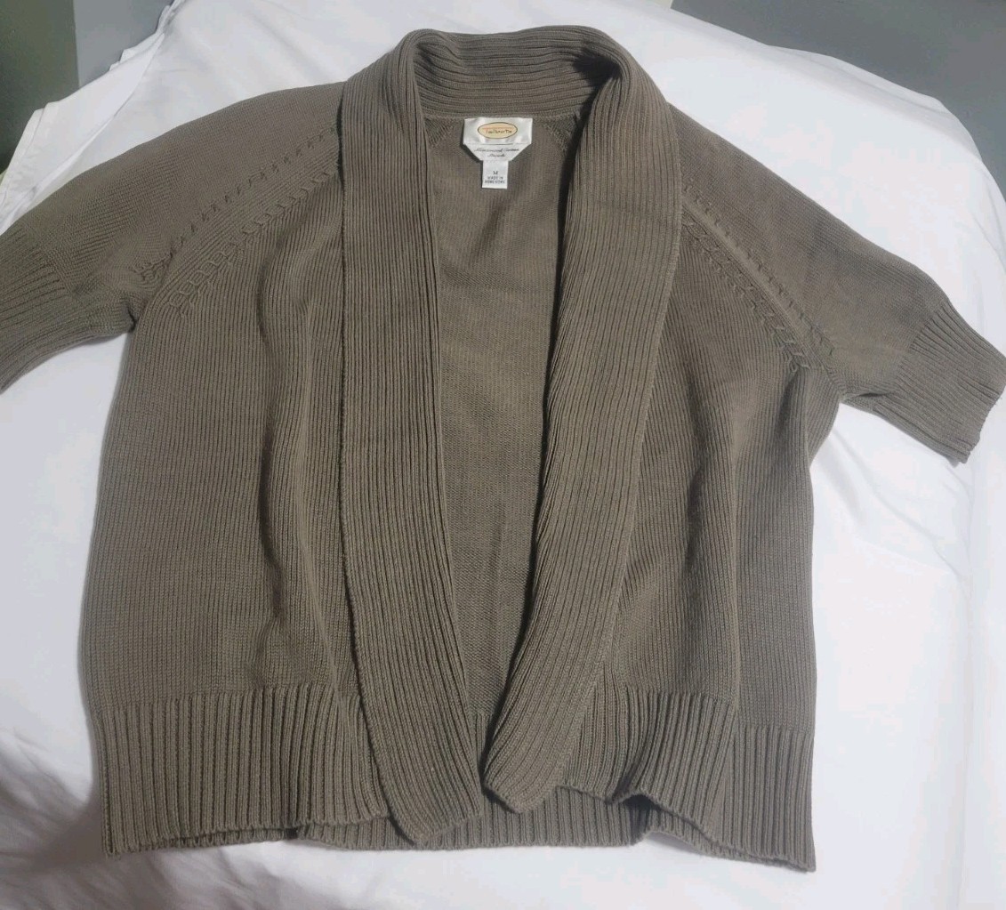 Talbots Womens Medium Open Front Short Sleeve Cardigan Olive Lightweight Layer