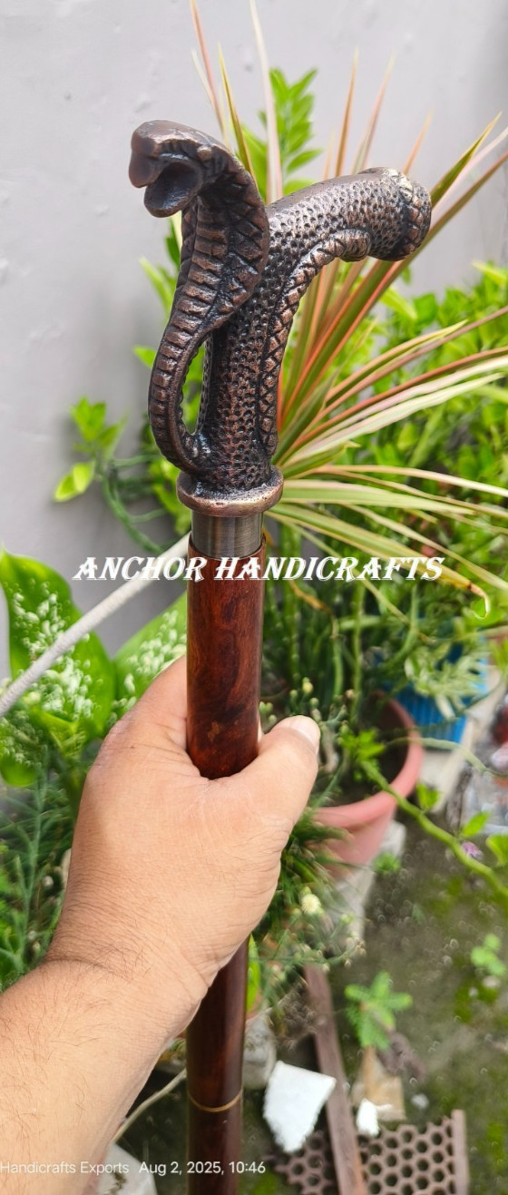 Nautical Antique Designer Snake Cobra Handle brown inlay wooden walking stick