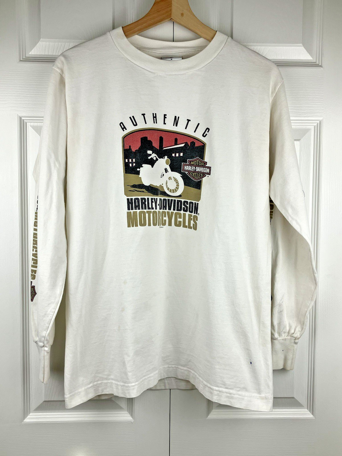 HARLEY-DAVIDSON Men’s M Waterford City Ireland Long Sleeve Tee White STAINED