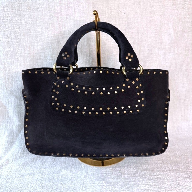 Vintage Celine Boogie Bag Black Suede Gold Studded Satchel Handbag