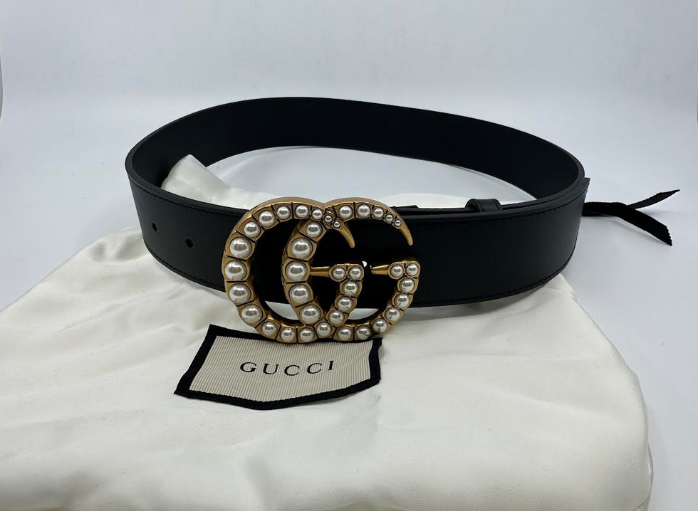 GG BlackGUCCI Leather Belt Pearl Gold Buckle