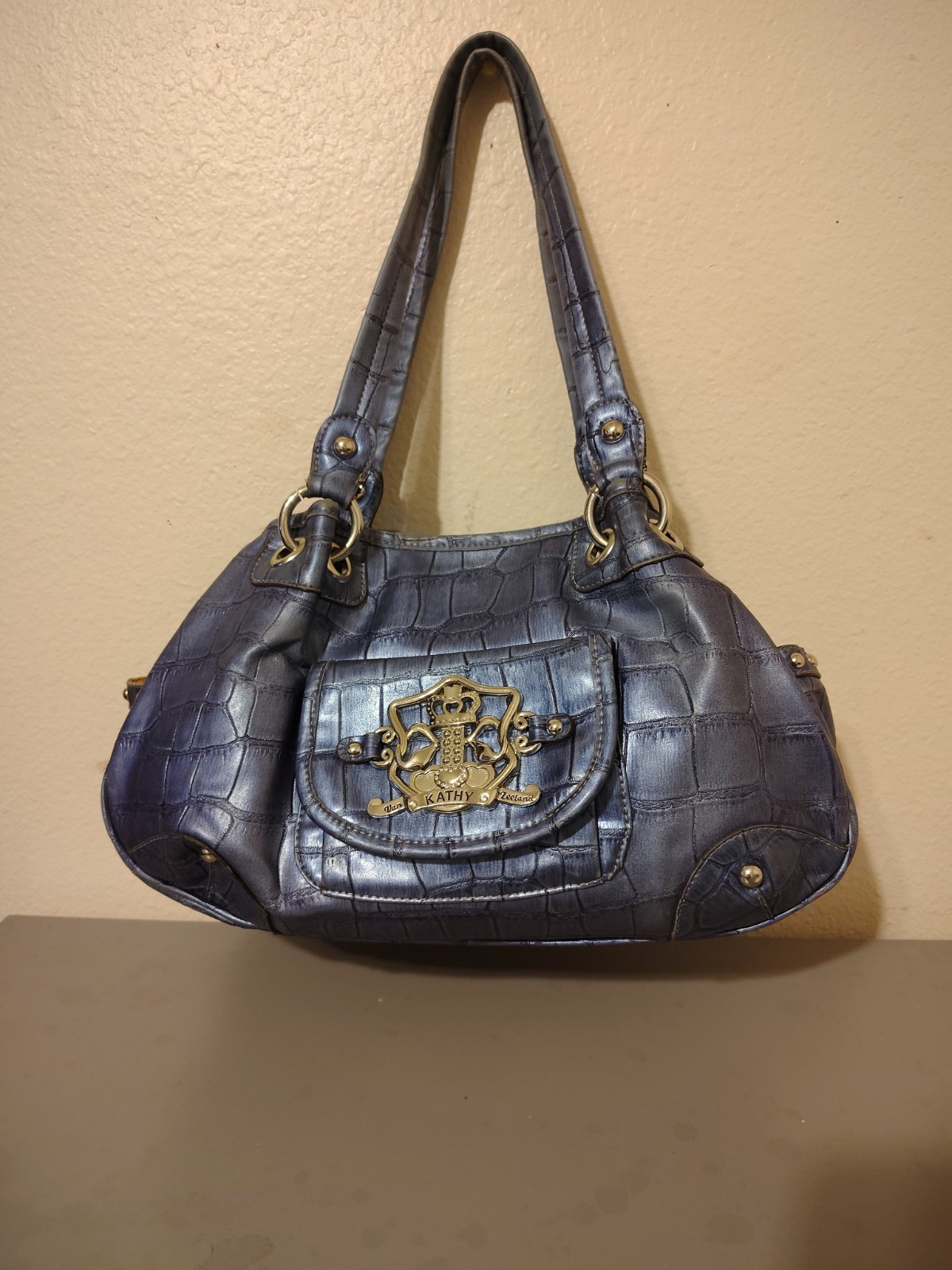 Kathy VanZeeland Metallic Silver Croc-Embossed Handbag with Crest Emblem