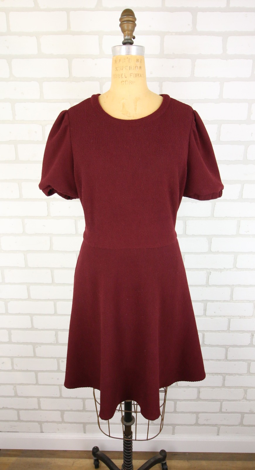 Gal Meets Glam Kristen Rib Knit Fit Flare Puff Sleeve Dress 12 P Maroon Wine