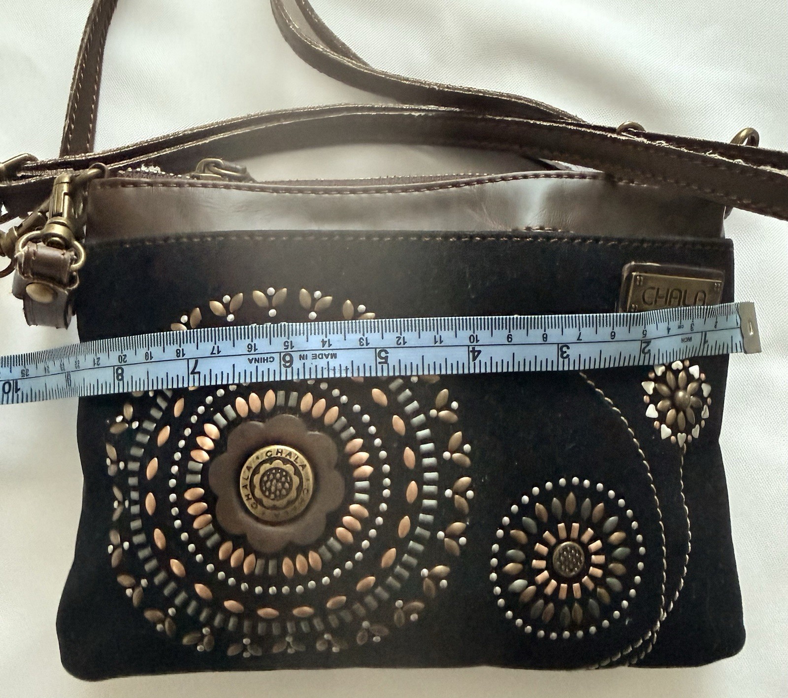 Chala Black & Brown Floral Medallion Crossbody Bag, embroidered