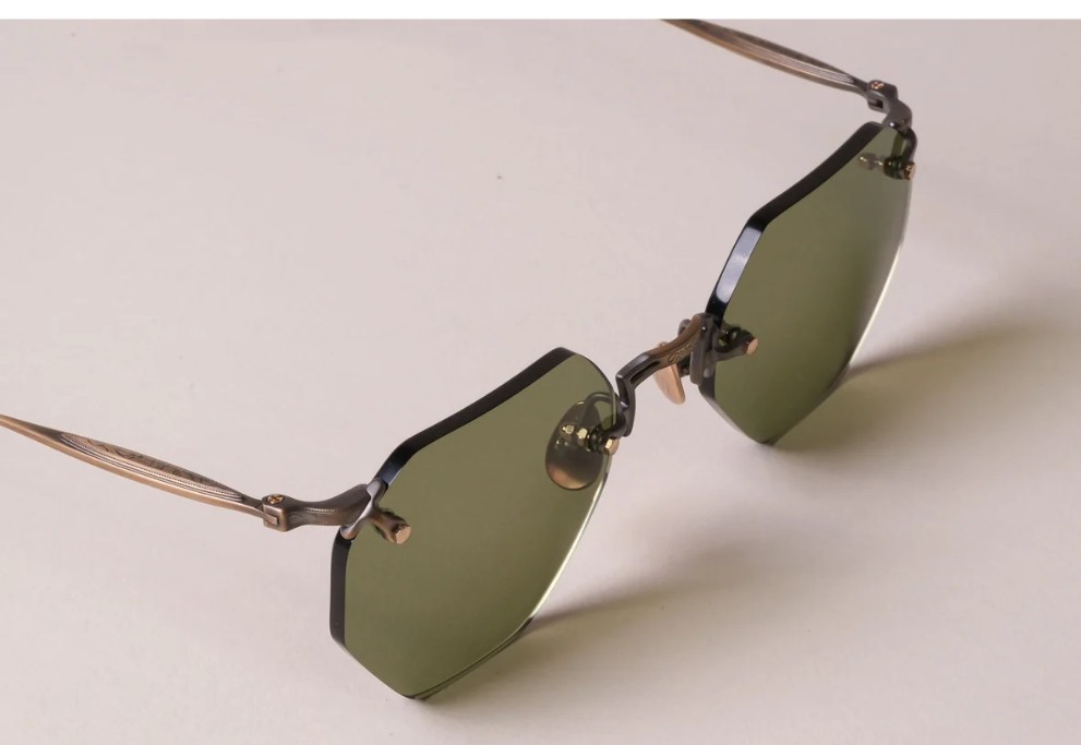 Men’s Geometric Rimless Sunglasses Gold Metal Frame Green Tinted Glass Lens