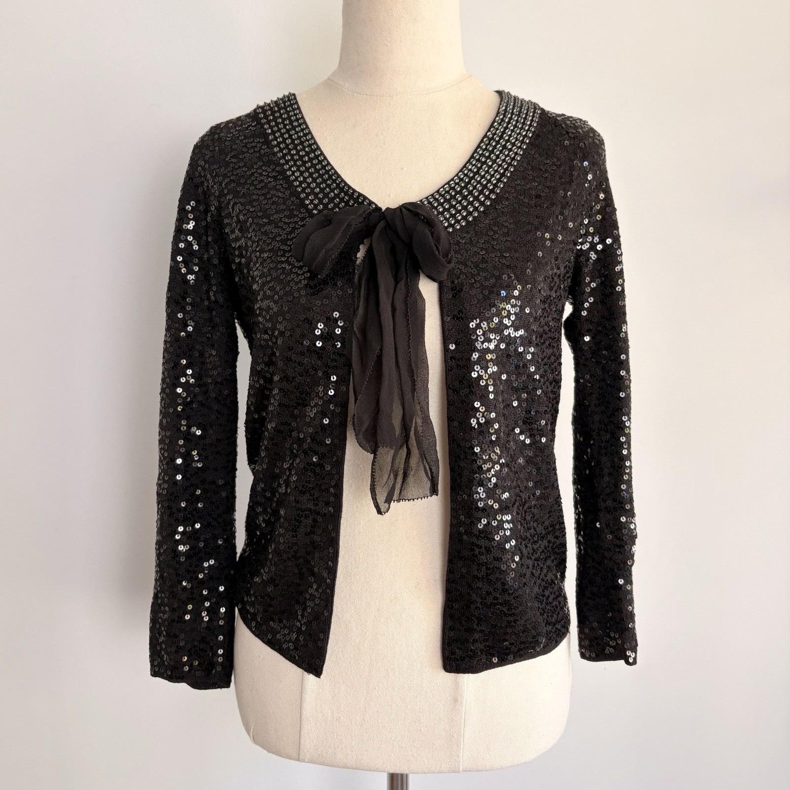 Alannah Hill Black Sequin Bow Tie Knit Silk Cashmere Cardigan Jumper Women’s 10