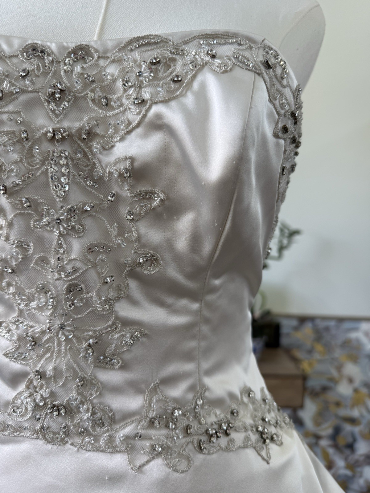 Kenneth Pool Strapless Beaded Satin Ball Gown Wedding Dress Corset Back Train