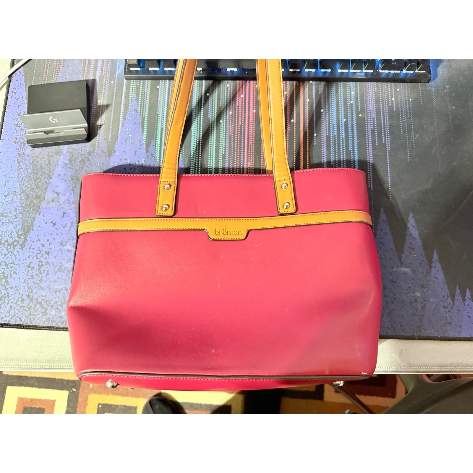 BROMEN Vegan Leather Laptop Tote Bag & Shoulder Purse – Dark Pink & Yellow-Brown