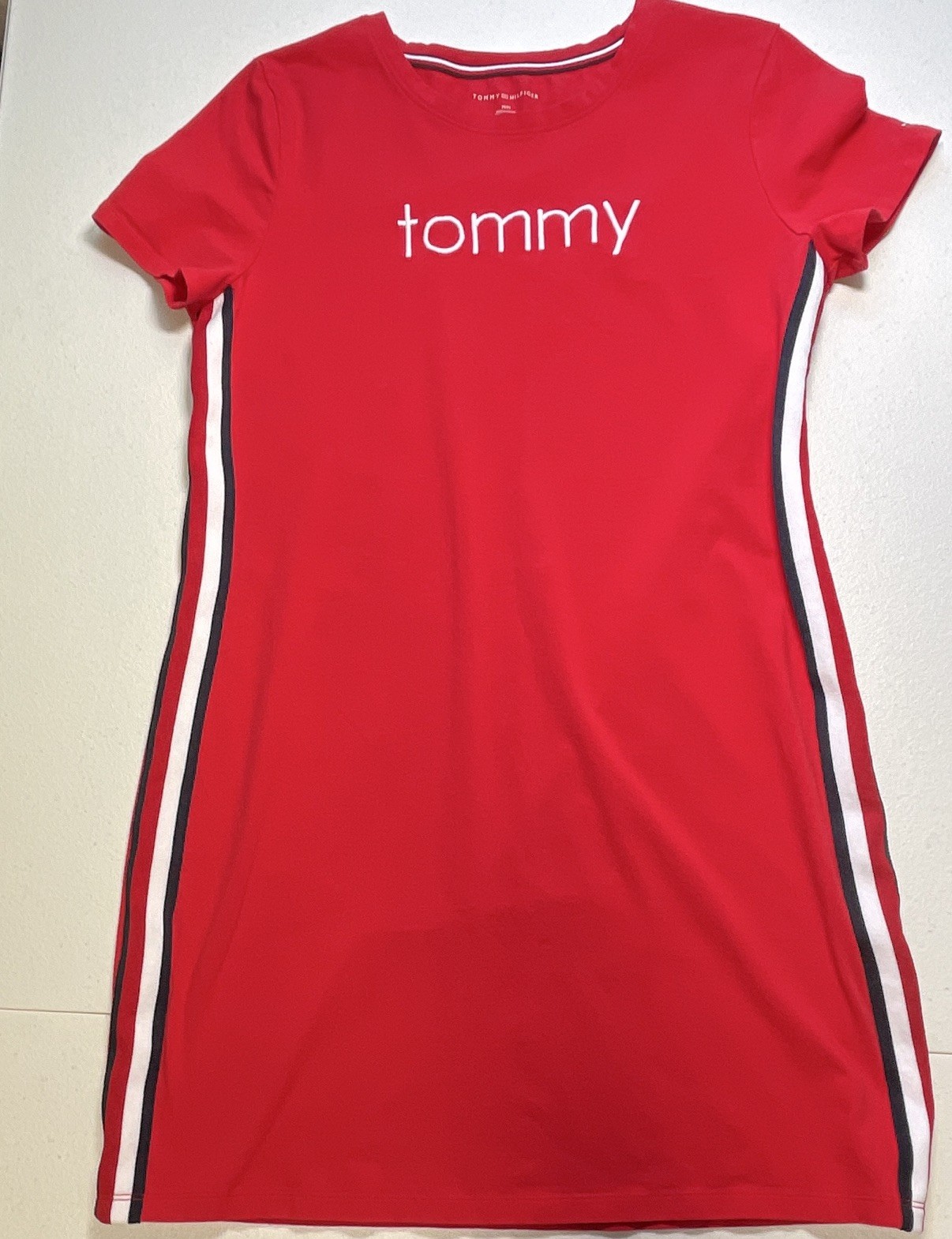 Tommy Hilfiger Red Logo T-Shirt Dress Women’s M Crew Neck Cap Sleeve Stretch