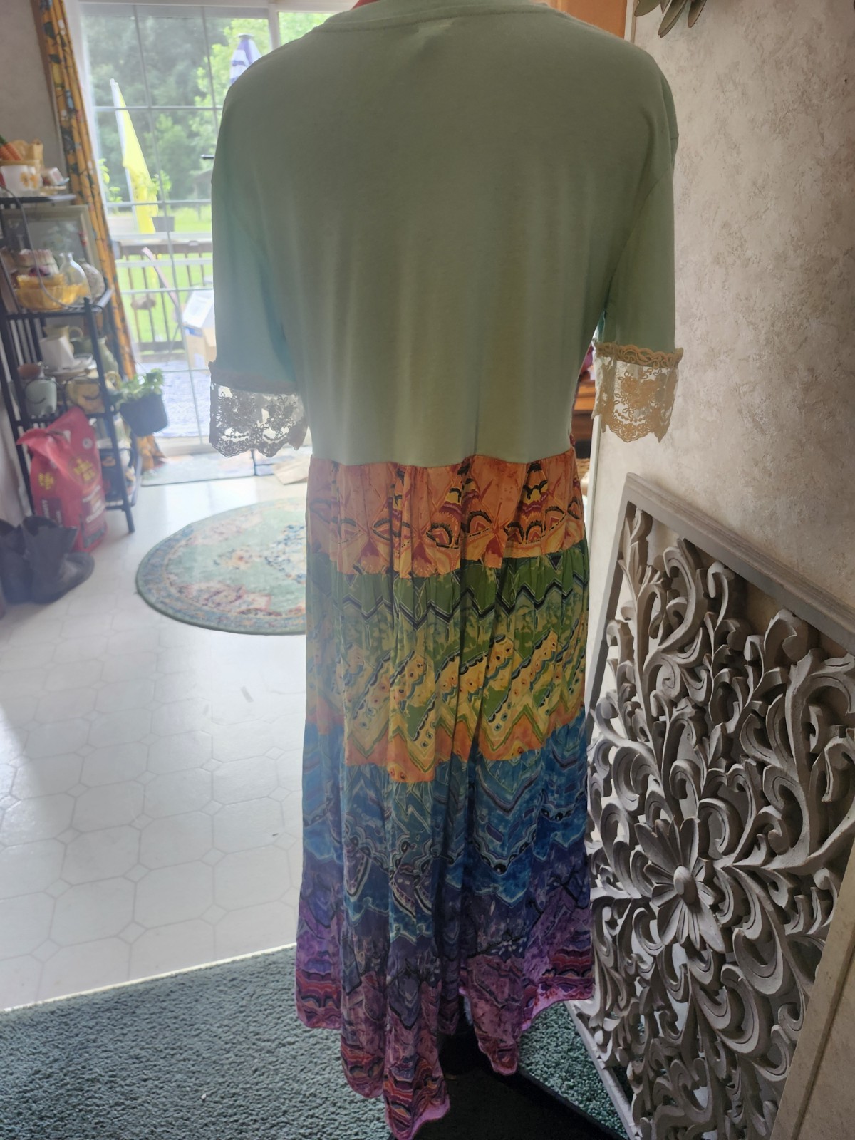 Womens MTV Graphic Print Multicolor Long T-Shirt Dress M Lace Trim Short Sleeve