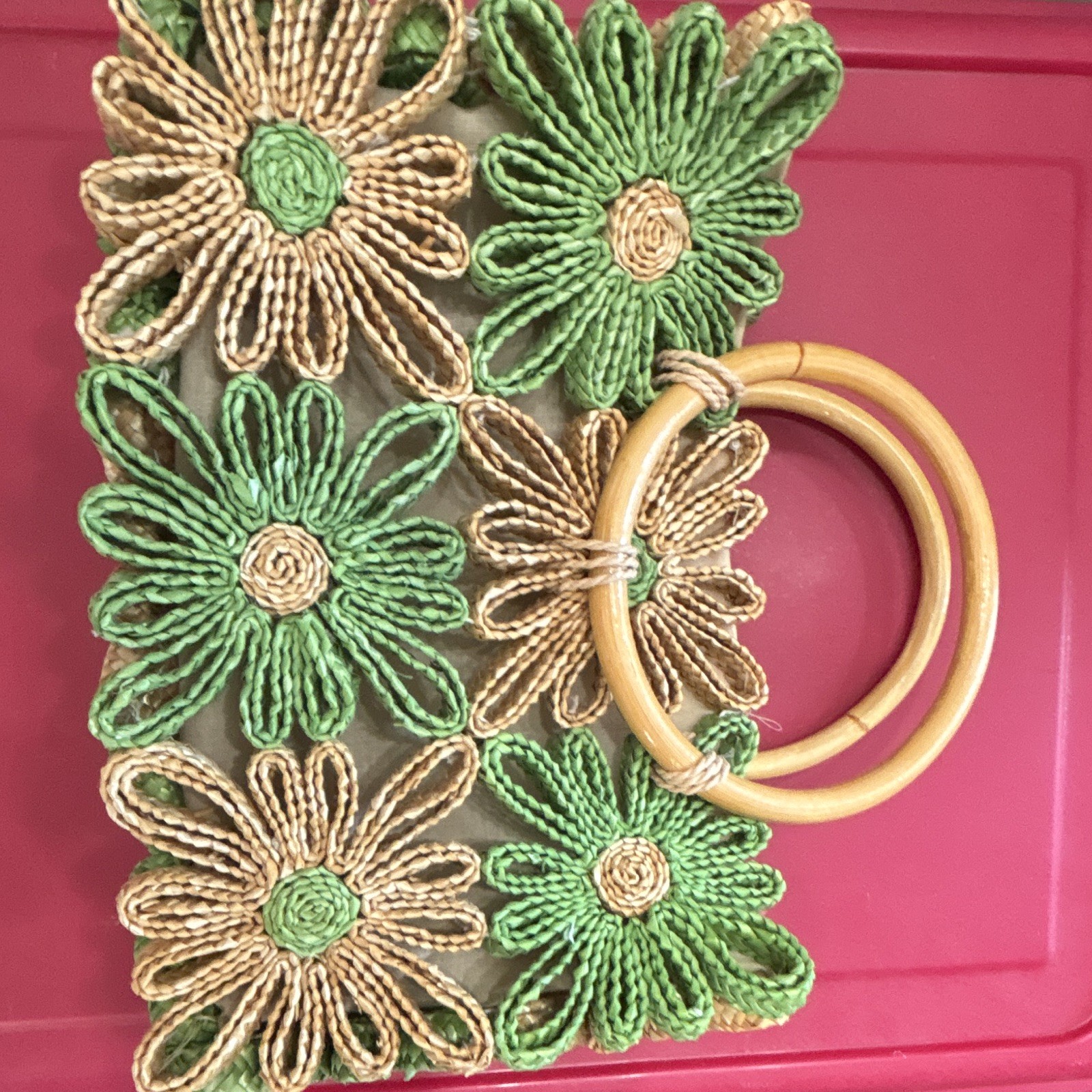 Green Beige Floral Straw Tote Bag Crochet Accents Bamboo Top Handles Lined