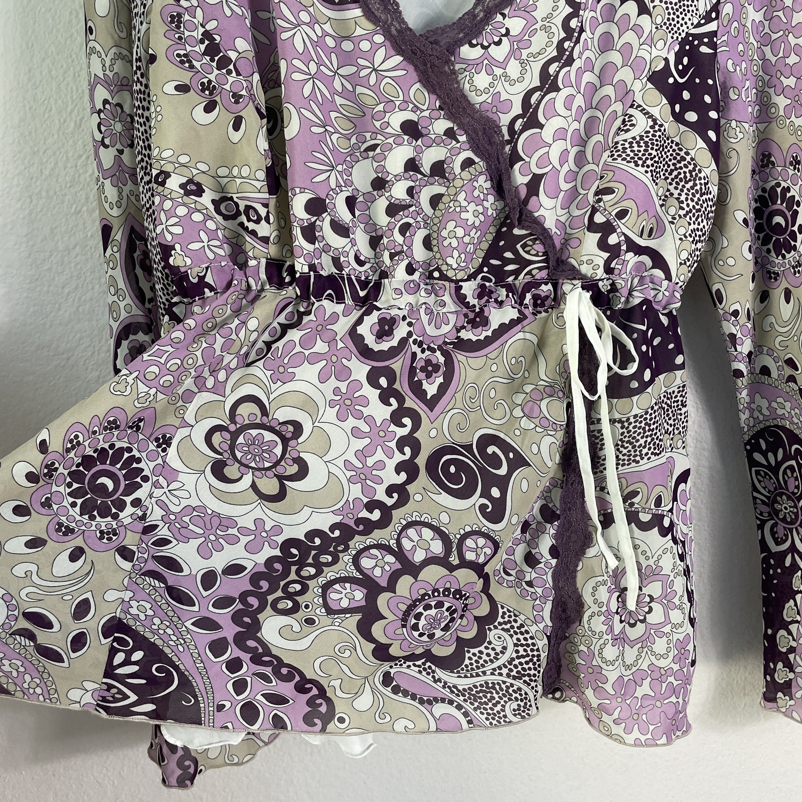 Y2K Apt 9 Blouse Womens XL Purple Beige Floral Paisley Babydoll Long Sleeve Top