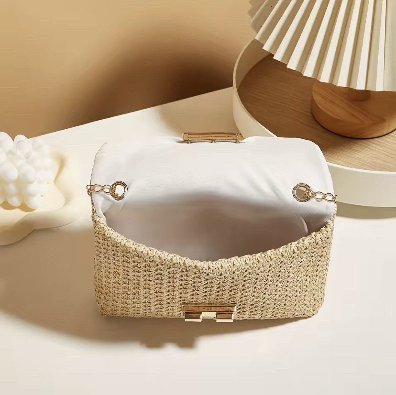 Women’s Small Beige Woven Rectangle Shoulder Bag Gold Chain Strap Turn Lock