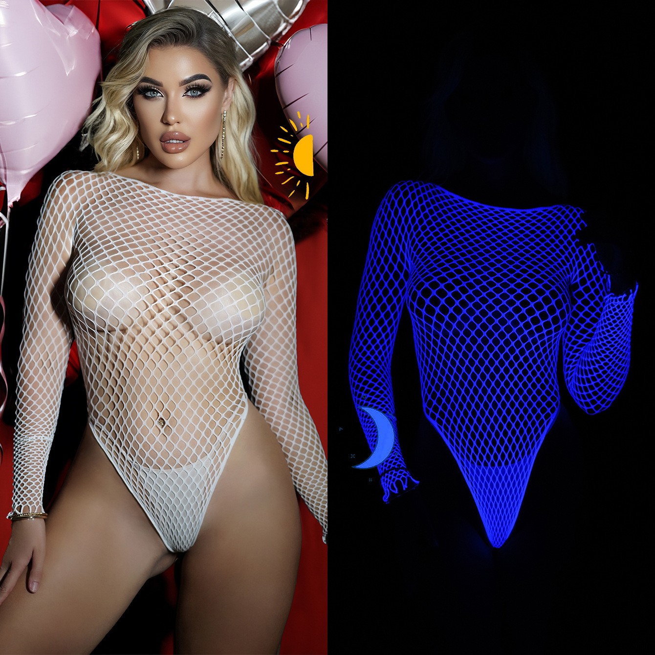 Sexy High Cut Fishnet Bodysuit Sheer Top Glow In The Dark Blue Cutout Bikini