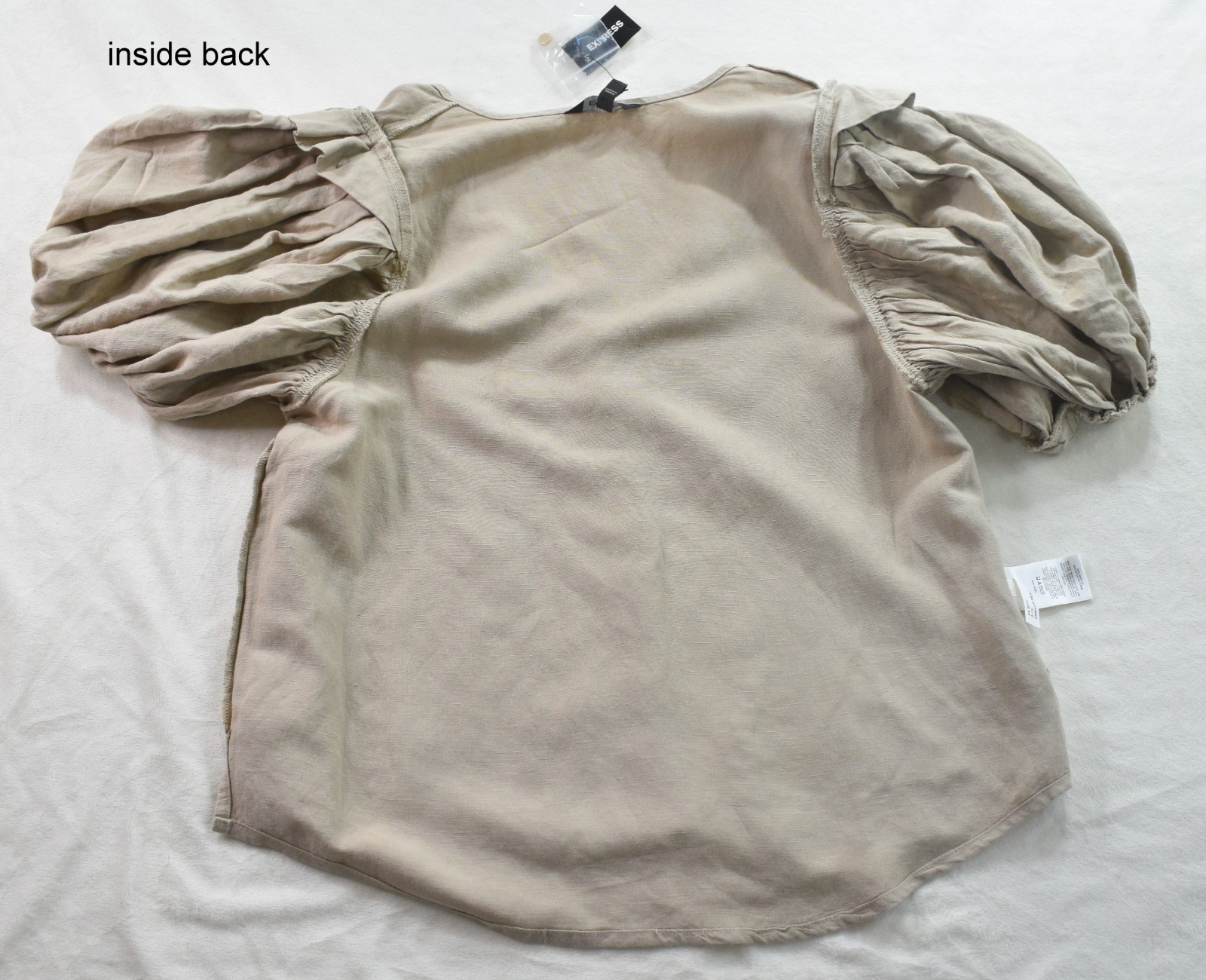New Express Blouse Tan Linen Balloon Sleeve Shirt V Neck Button Top Boho Women M