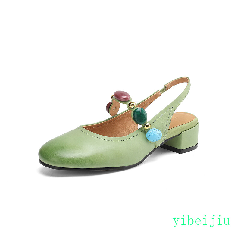 Women’s Low Heel Slingback Real Leather Sandals Stone Comfort Casual Shoes Boho