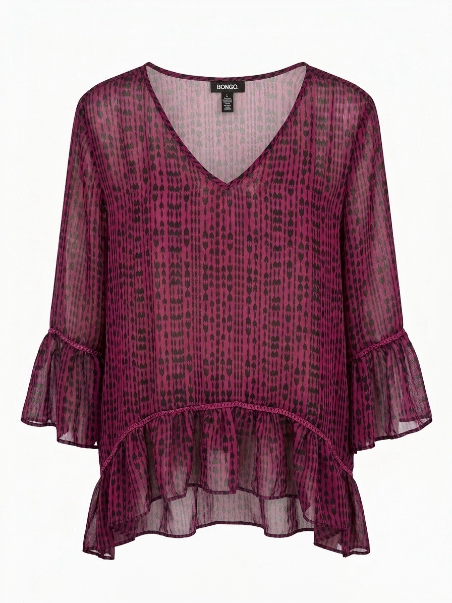 Bongo Sheer Ruffle Blouse Magenta Black Geometric Print V‑Neck Women’s XL