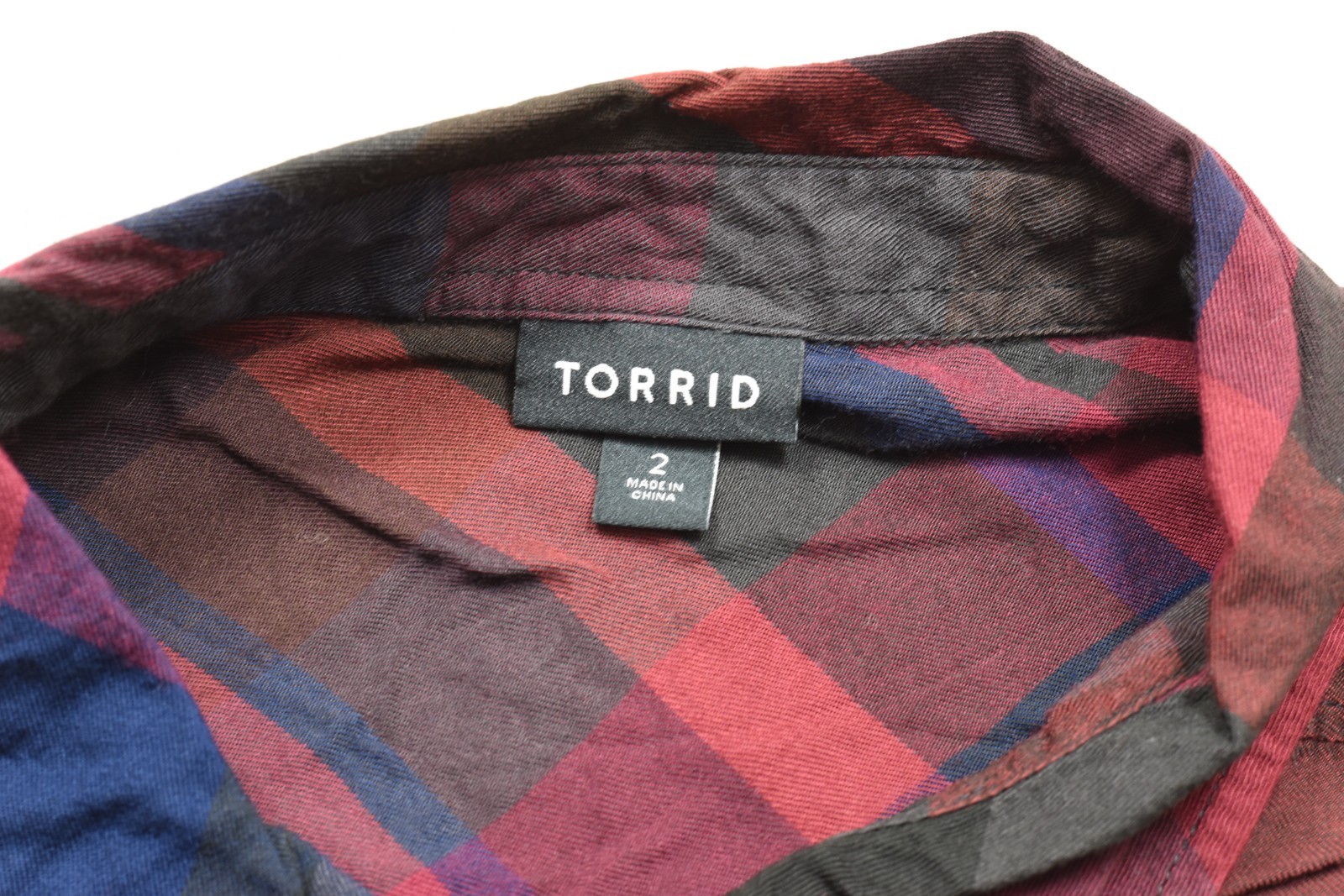 Torrid Women’s Size 2 Plaid Button Down Shirt Red Blue Purple Long Sleeve Rayon