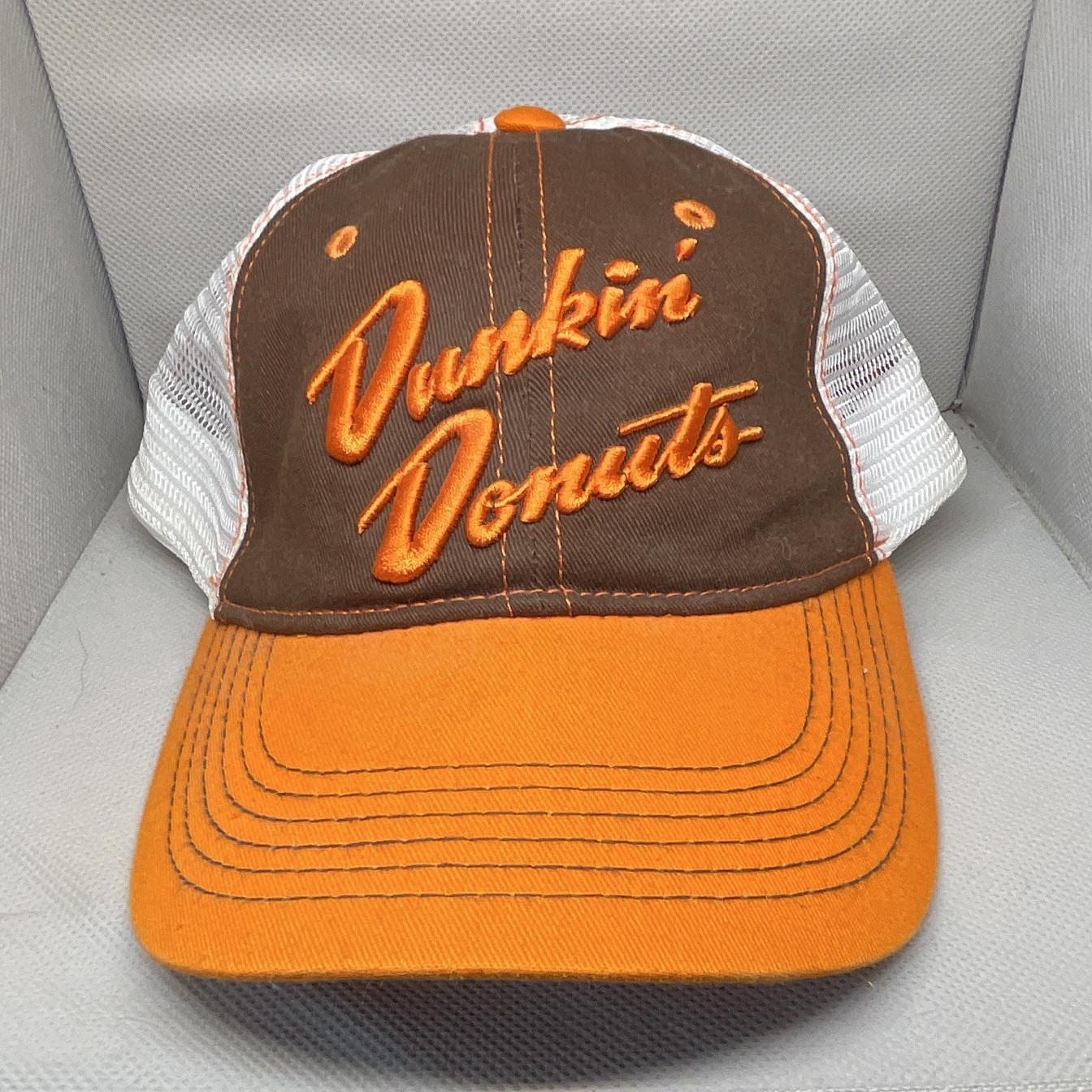Dunkin’ Donuts Orange Brown White Trucker Hat Mesh Back Adjustable One Size