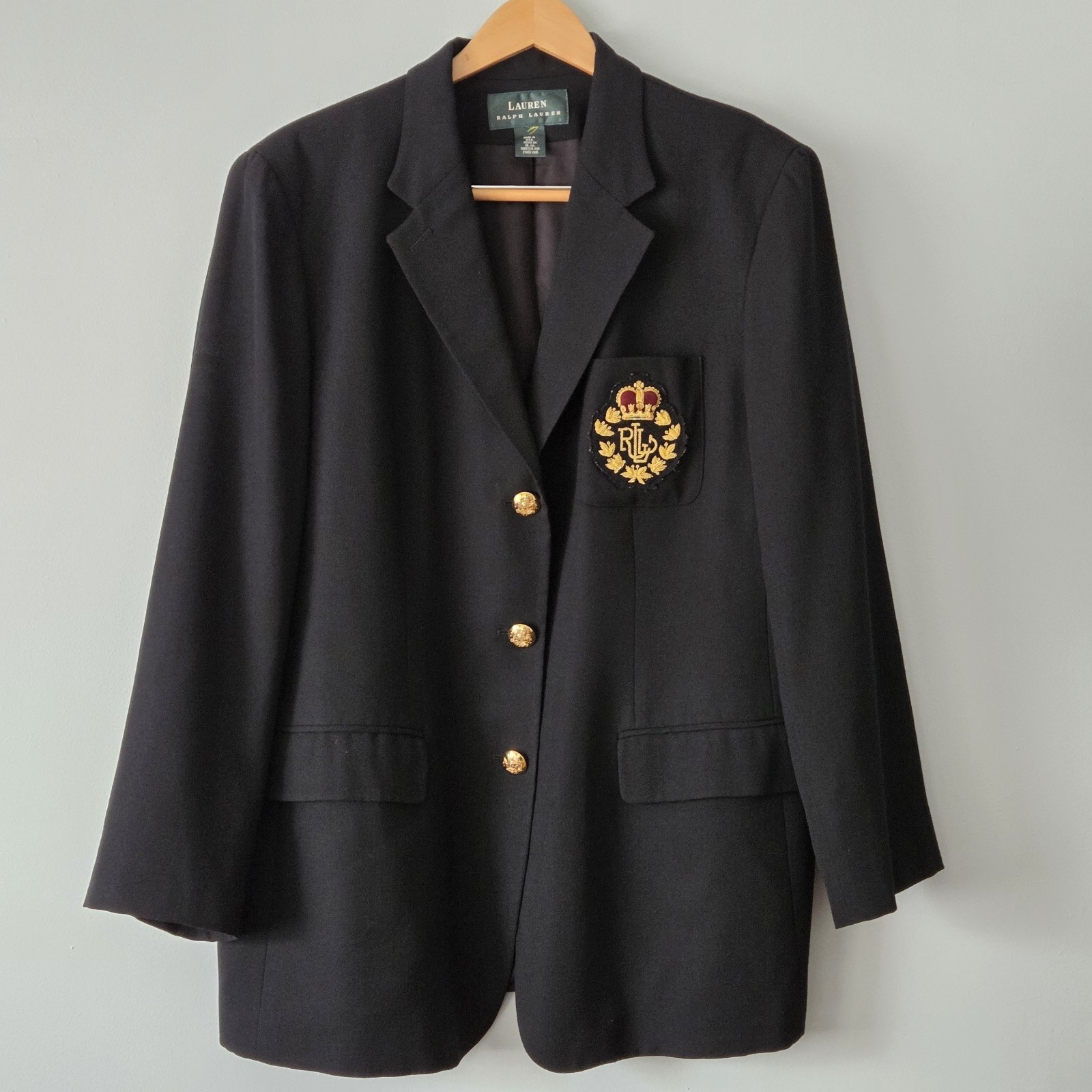 Vtg Lauren Ralph Lauren Blue Gold Crest 100% Worsted Wool Jacket Blazer XL Tall