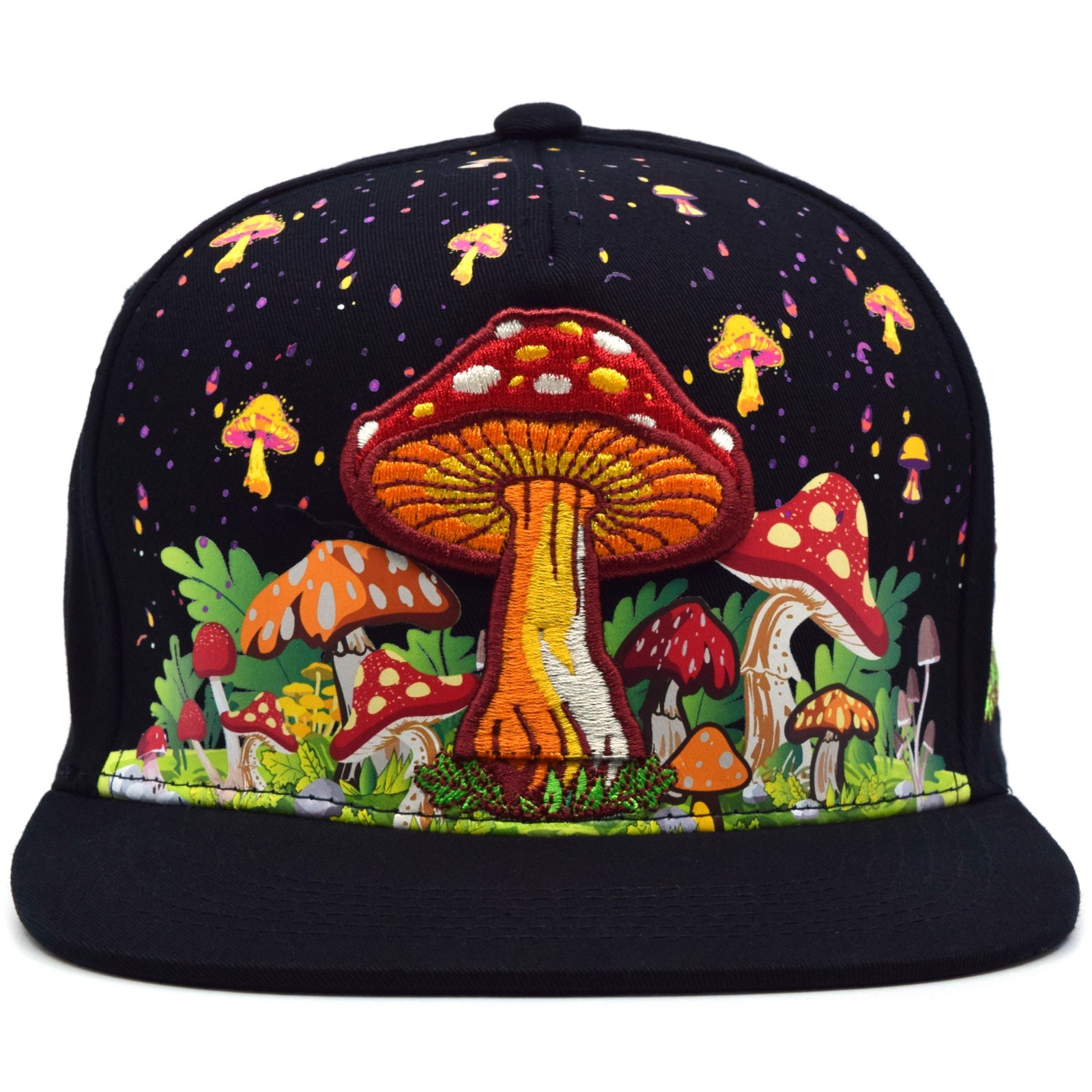 Psychedelic Mushroom Trippy TL Flat Brim Cap Hippie Streetwear Black Hat New