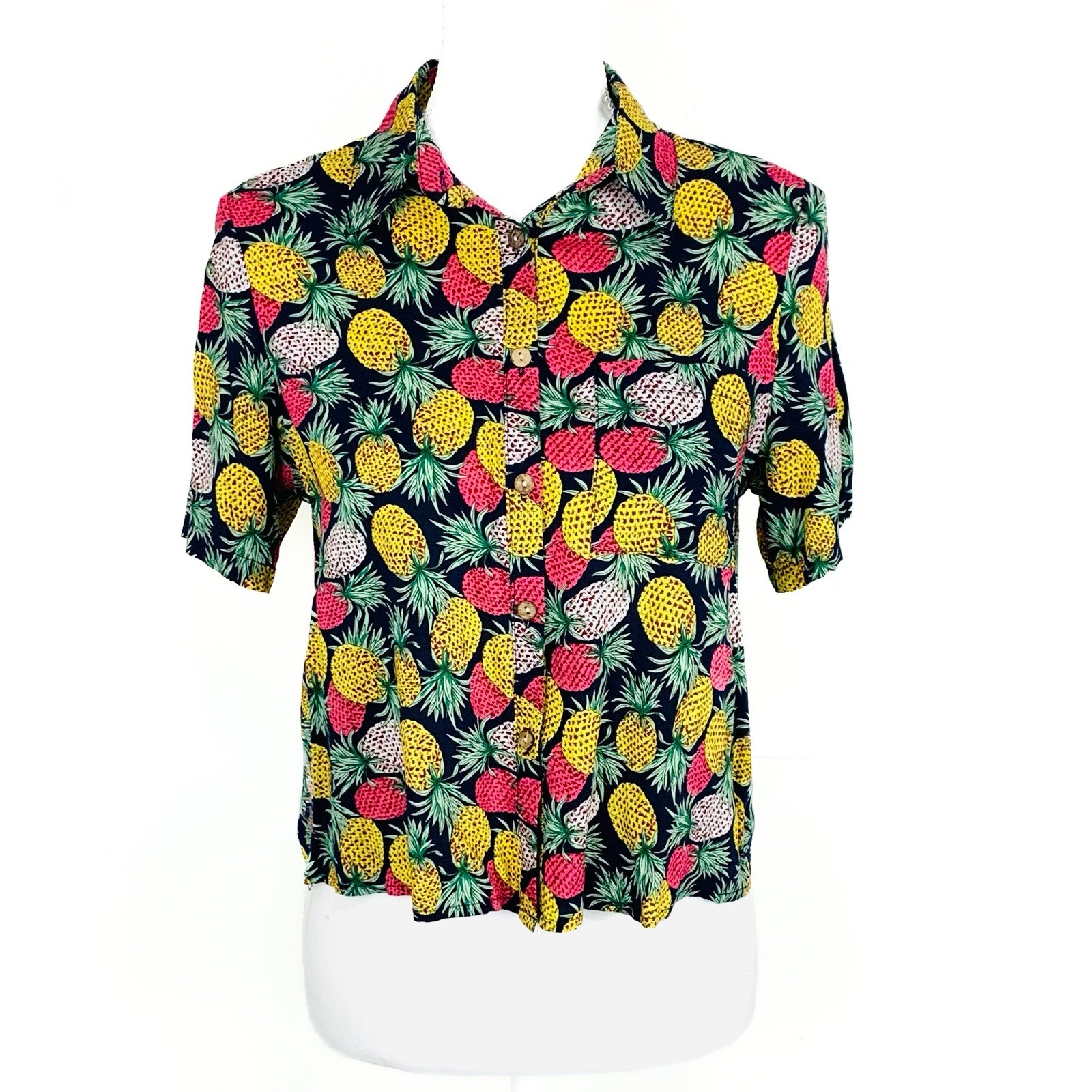 Love Notes Women M Blouse Short Sleeve Shirt Pineapple Cropped Colorful Novelty